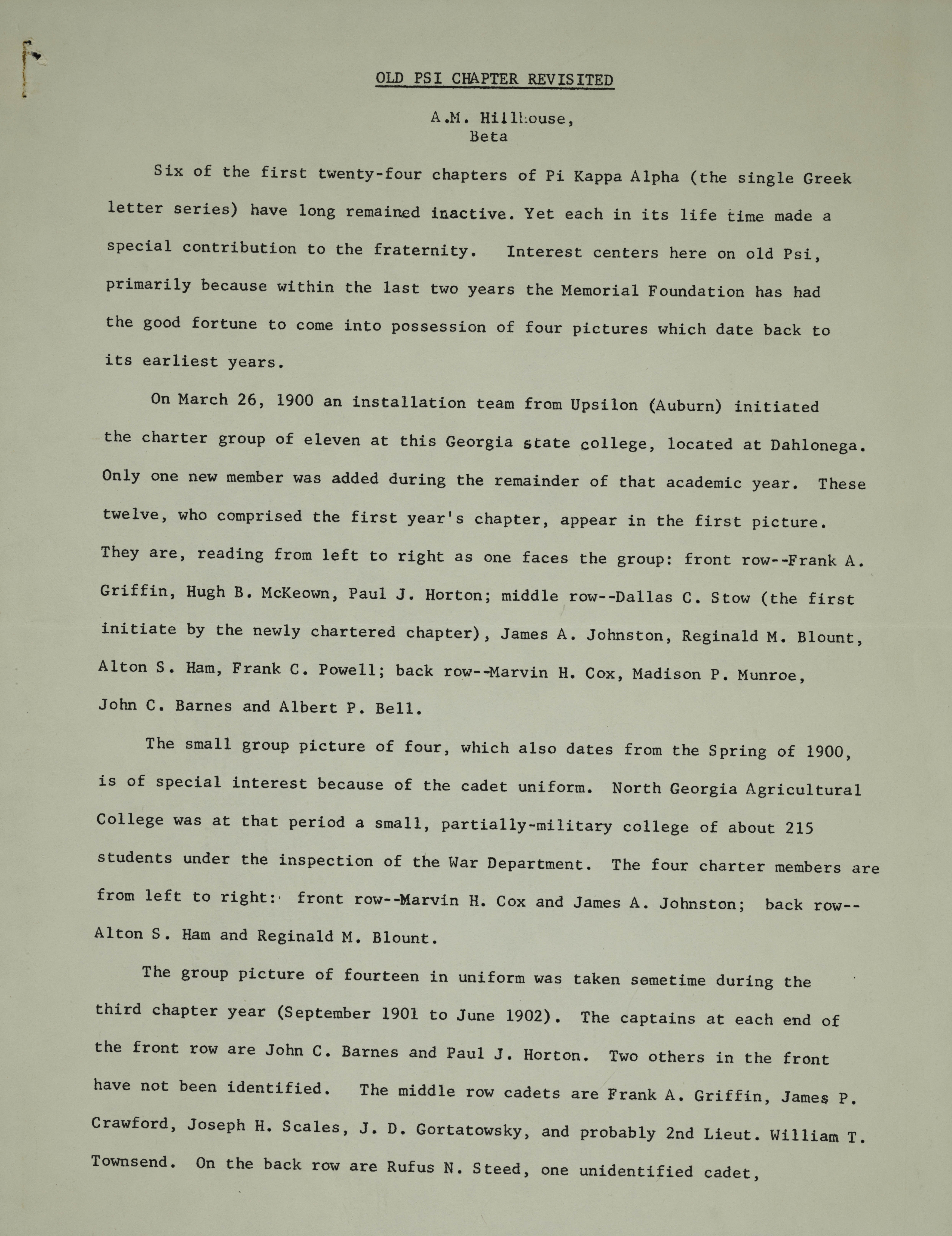 Old Psi Chapter Revisited Report, December 28, 1967