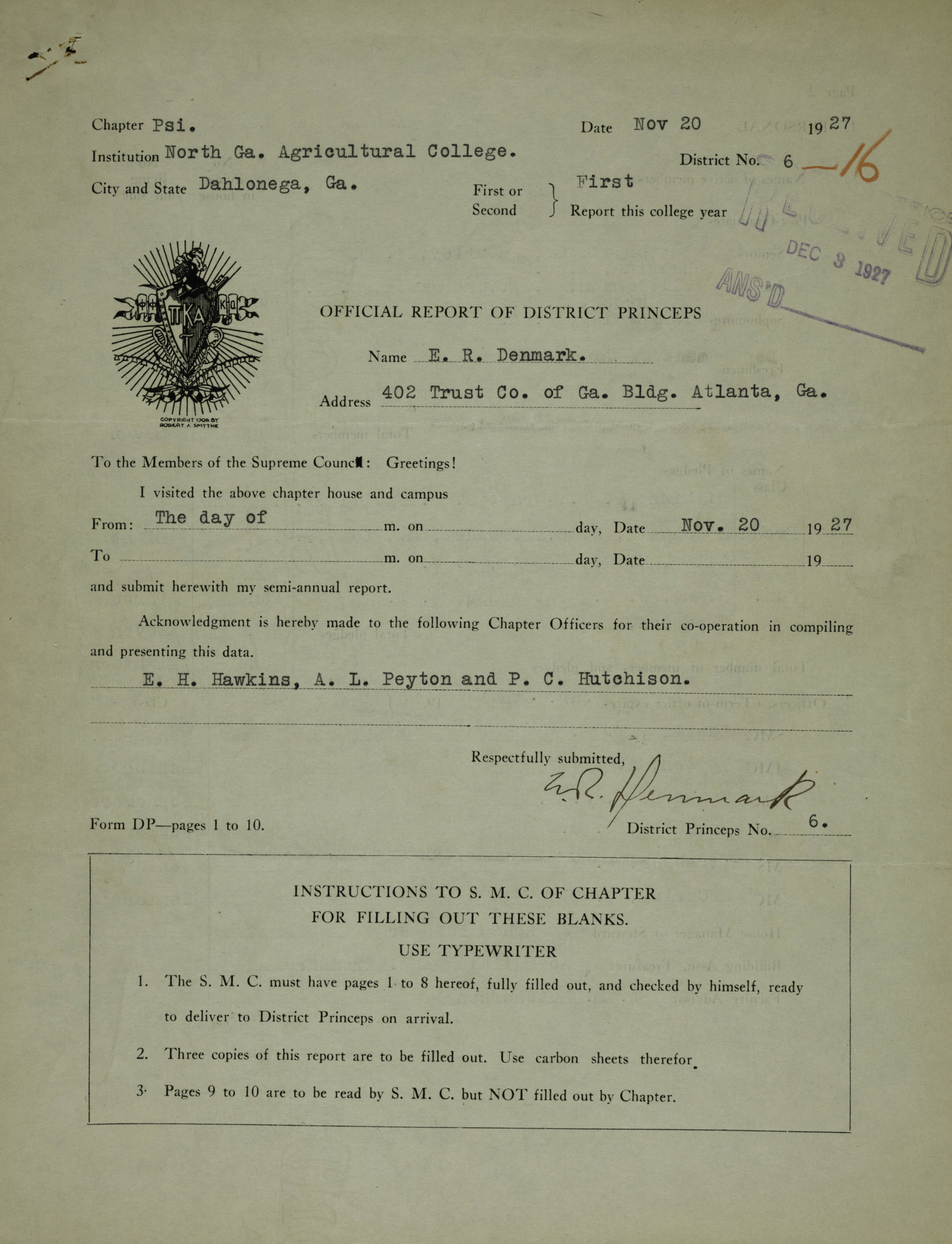 Official Report of District Princeps: Psi Chapter, November 20, 1927