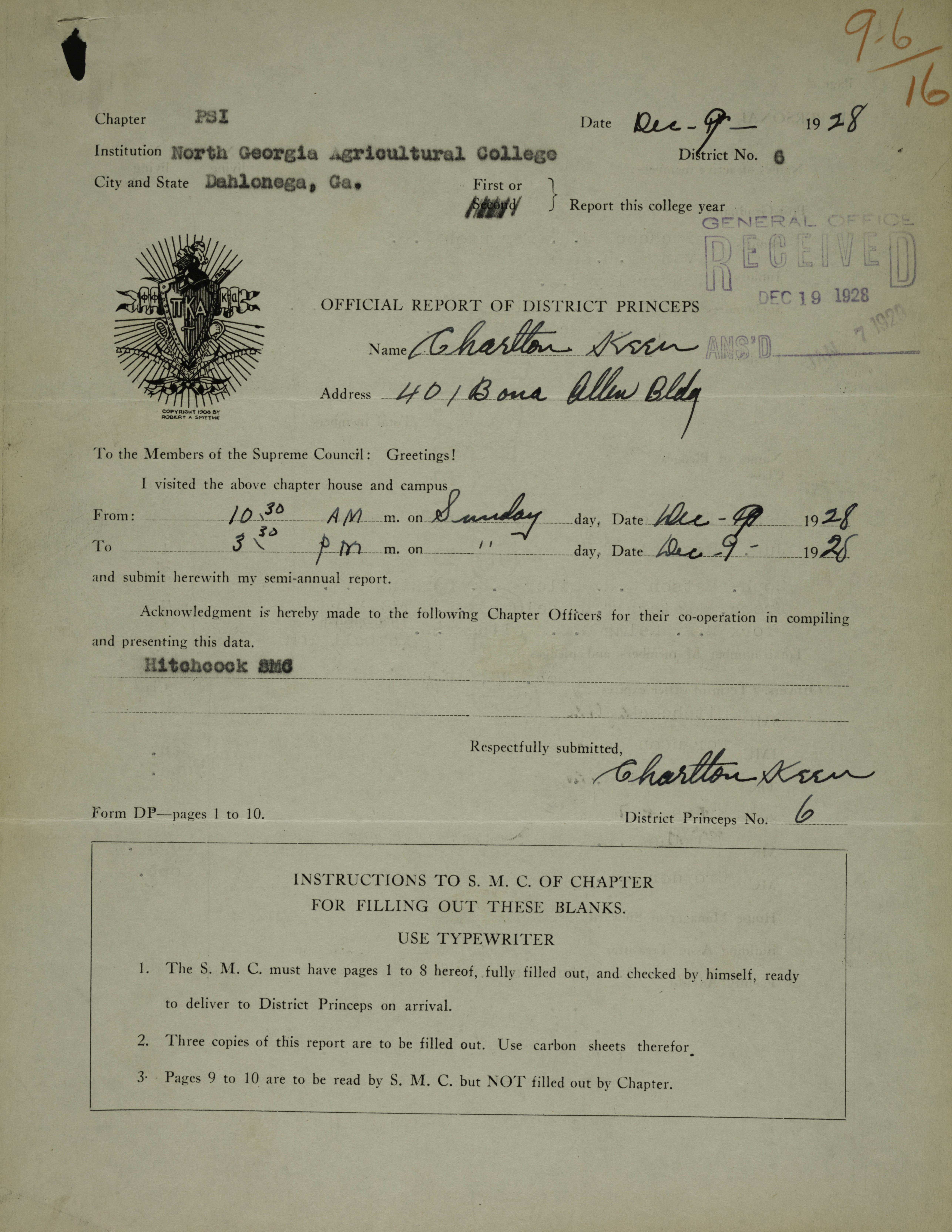 Official Report of District Princeps: Psi Chapter, December 9, 1928