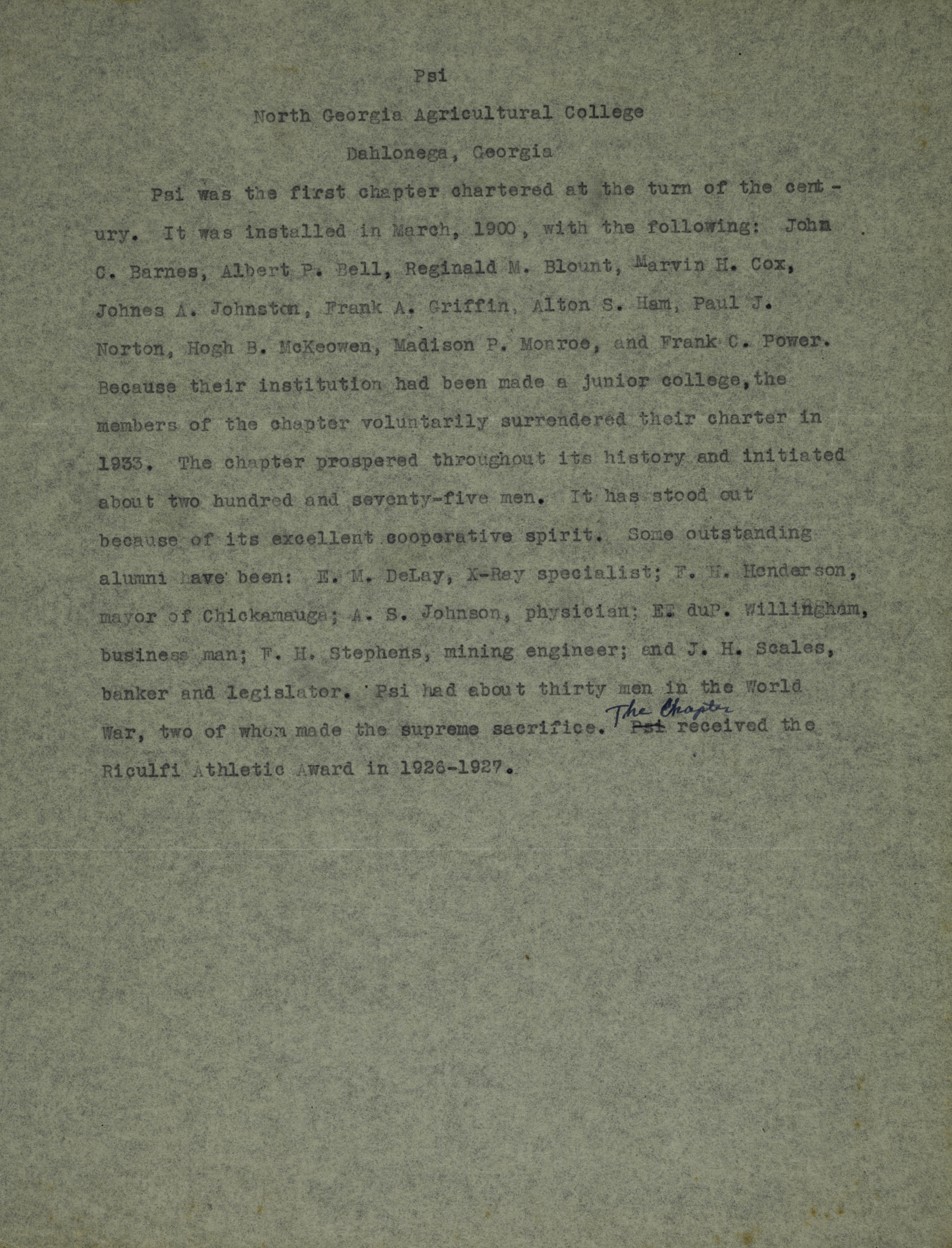 Psi Chapter History Report, c. 1927