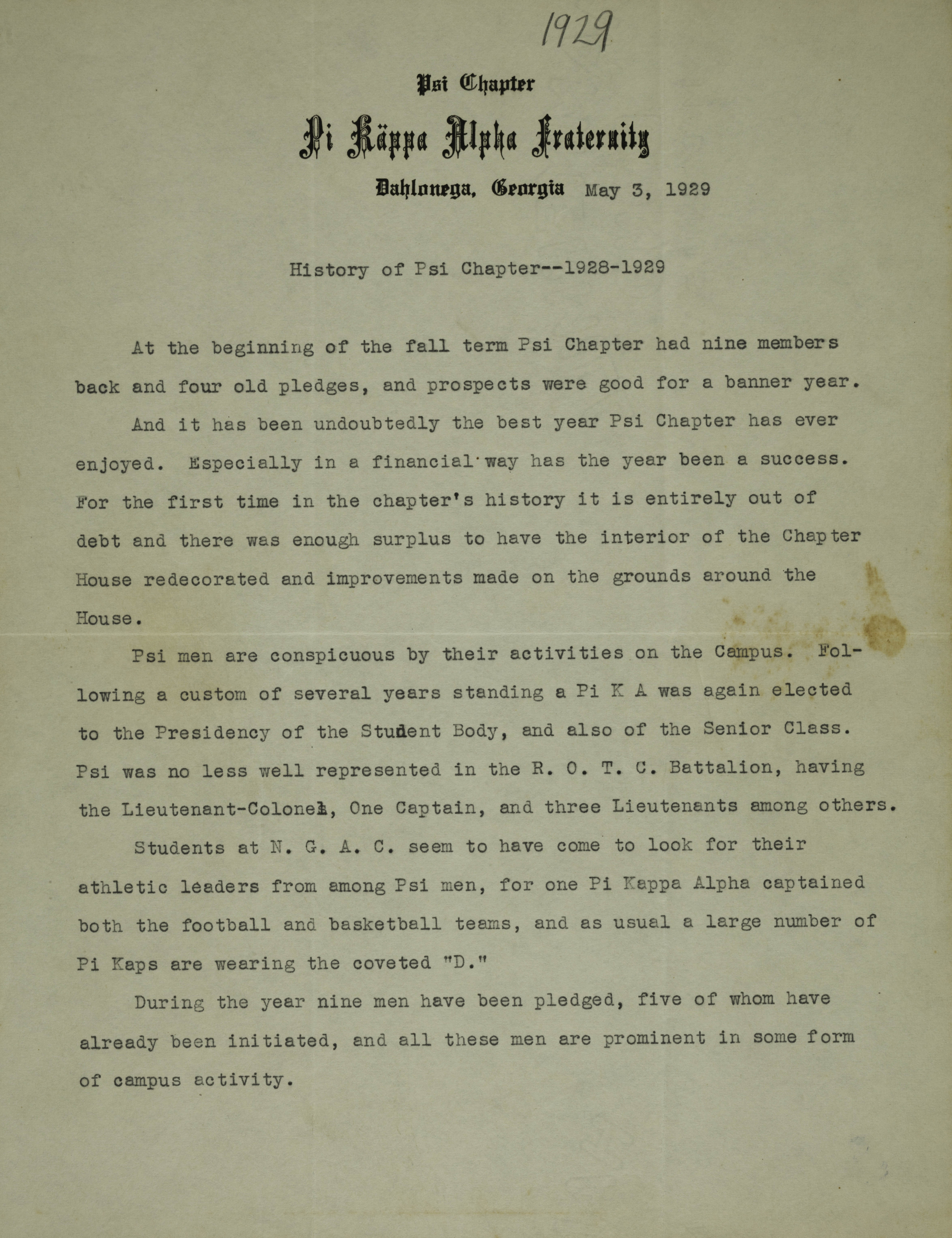 History of Psi Chapter Report, 1928-1929