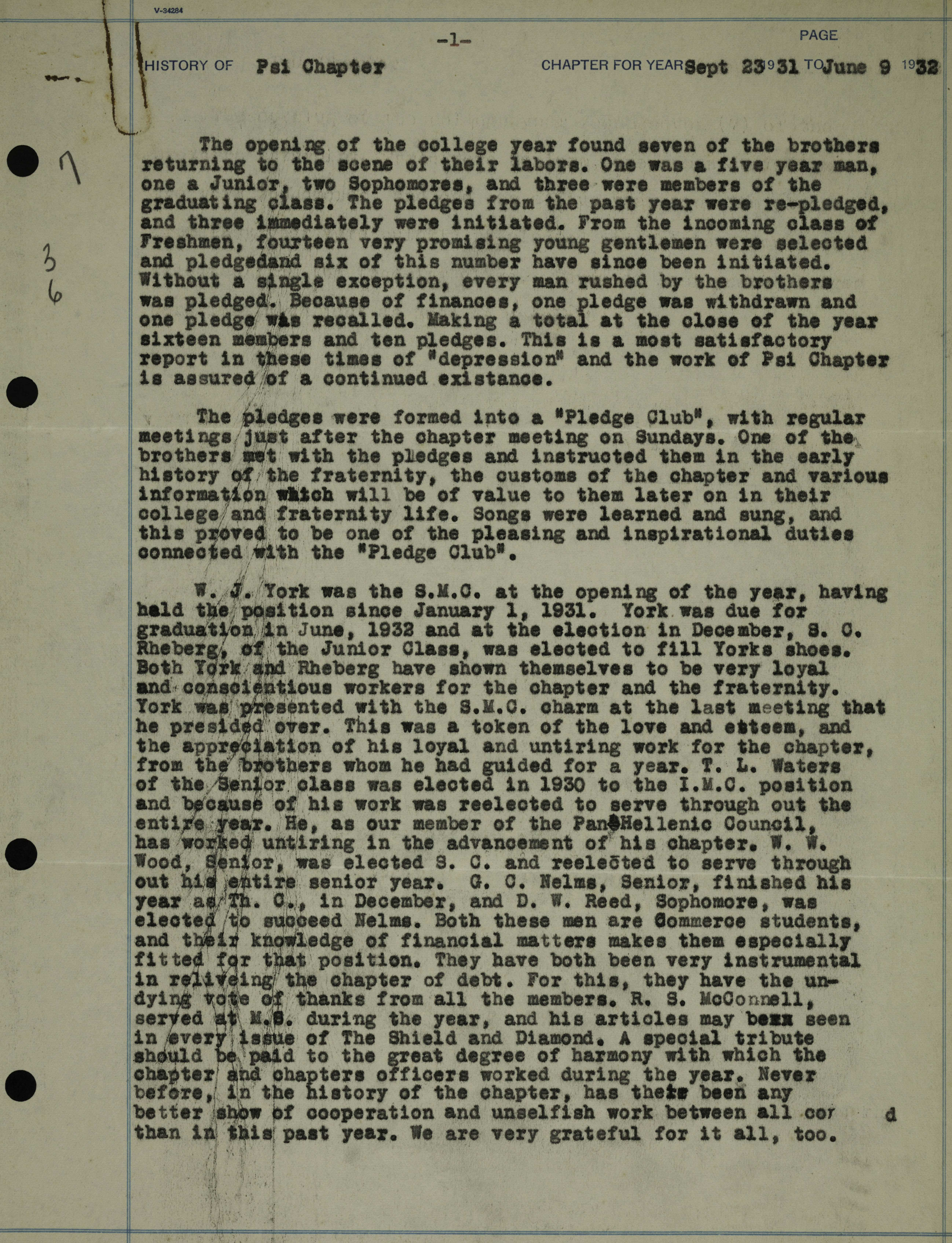 History of Psi Chapter Report, 1931-1932