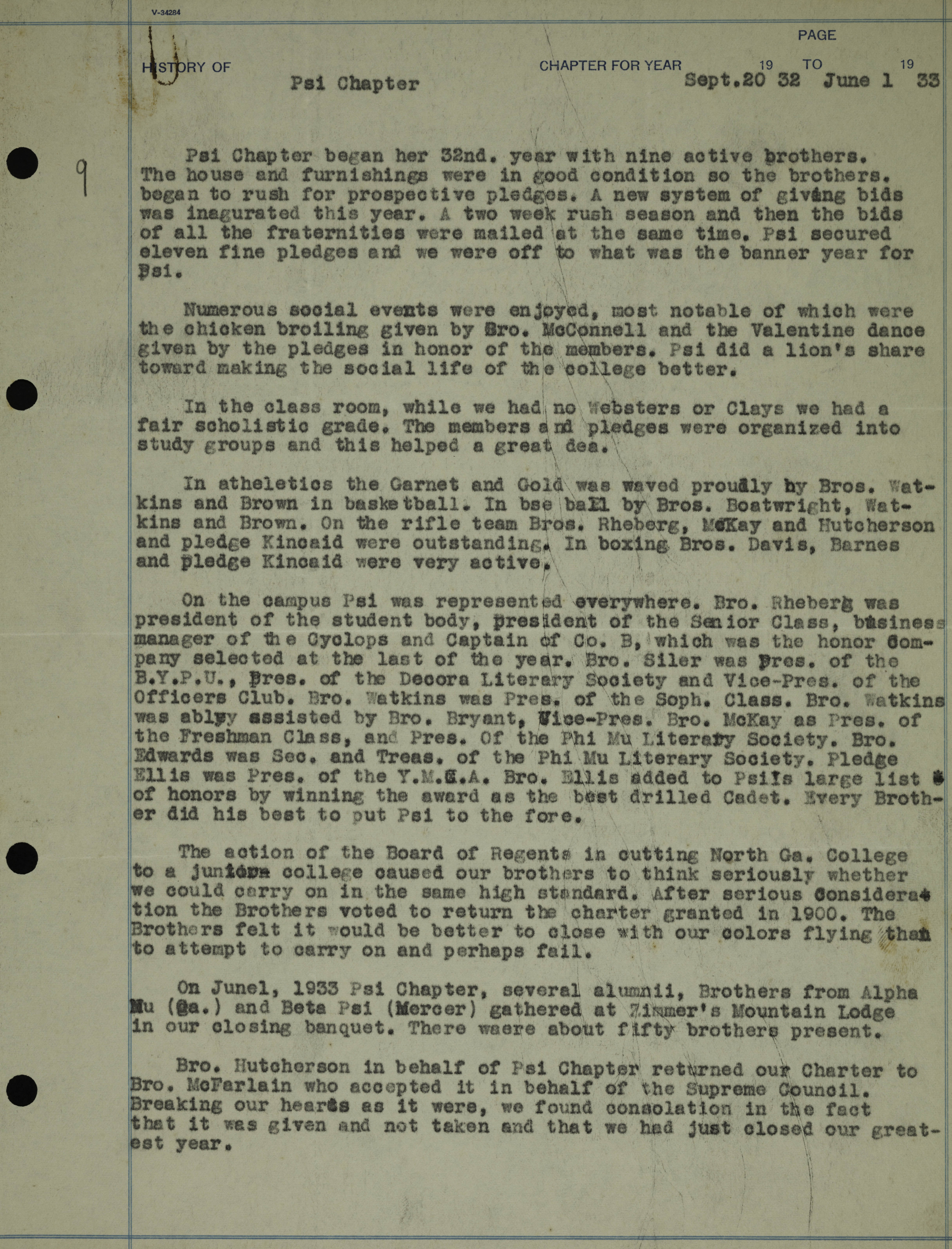 History of Psi Chapter Report, 1932-1933
