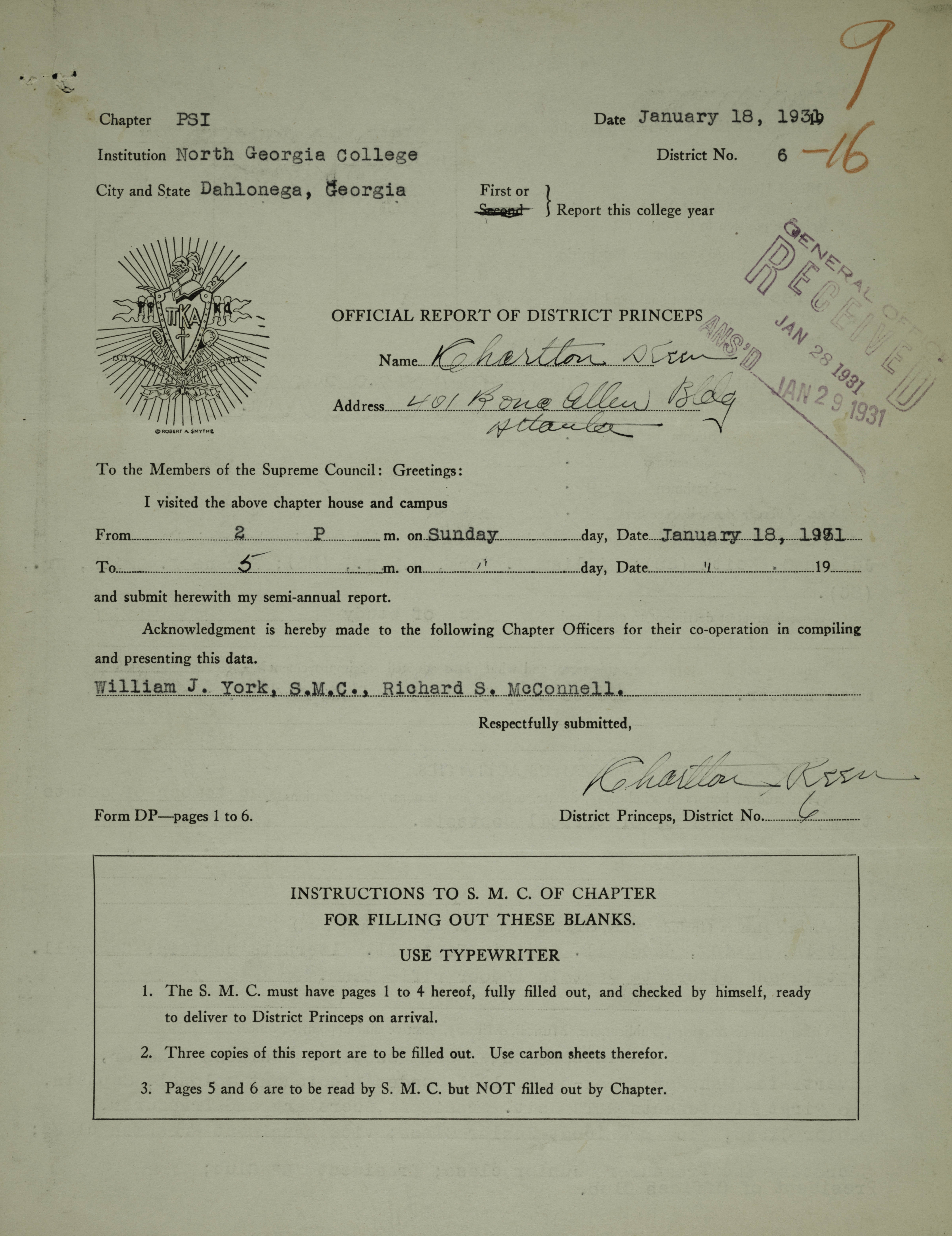 Official Report of District Princeps: Psi Chapter, January 18, 1931