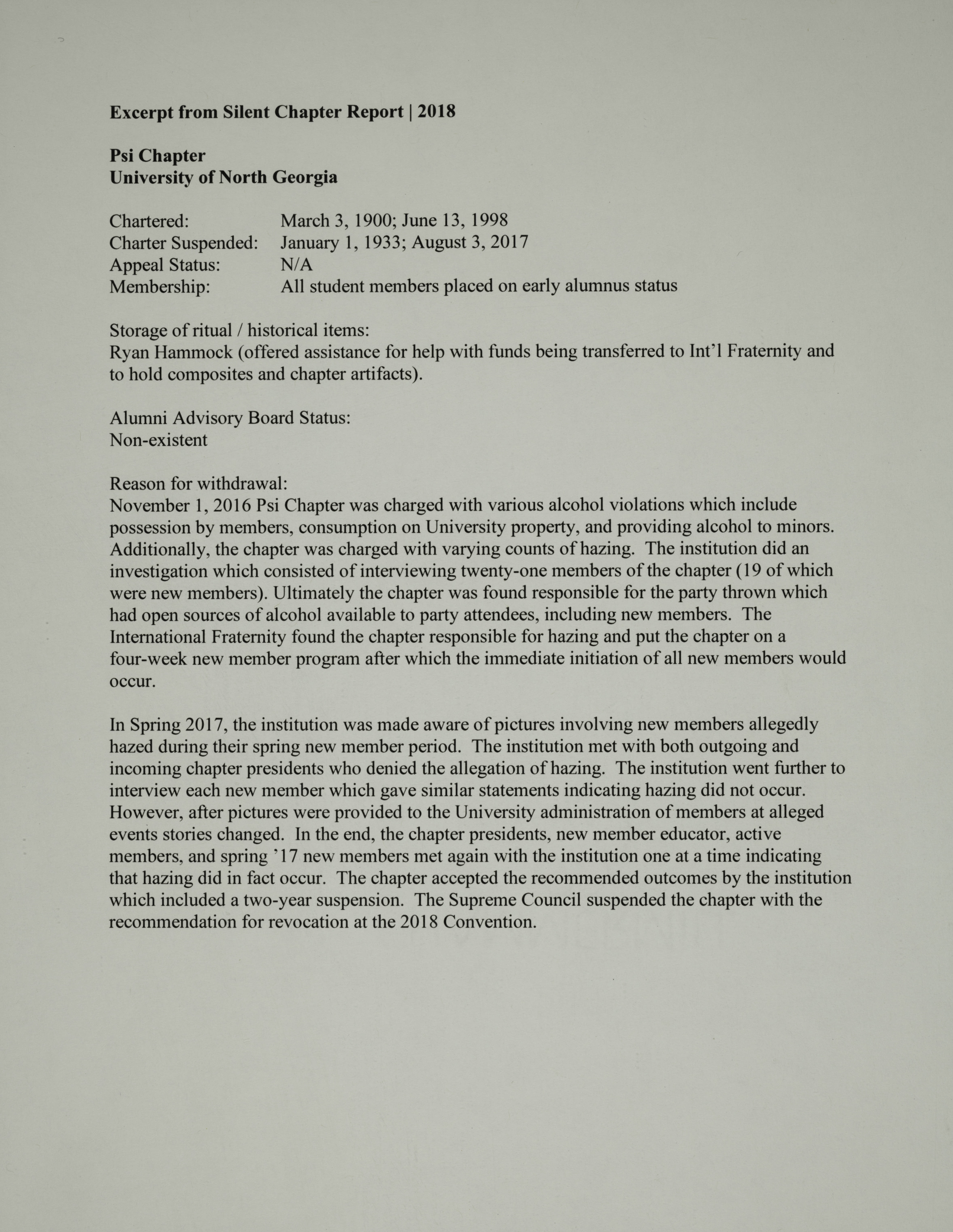 Excerpt From Silent Chapter Report, 2018