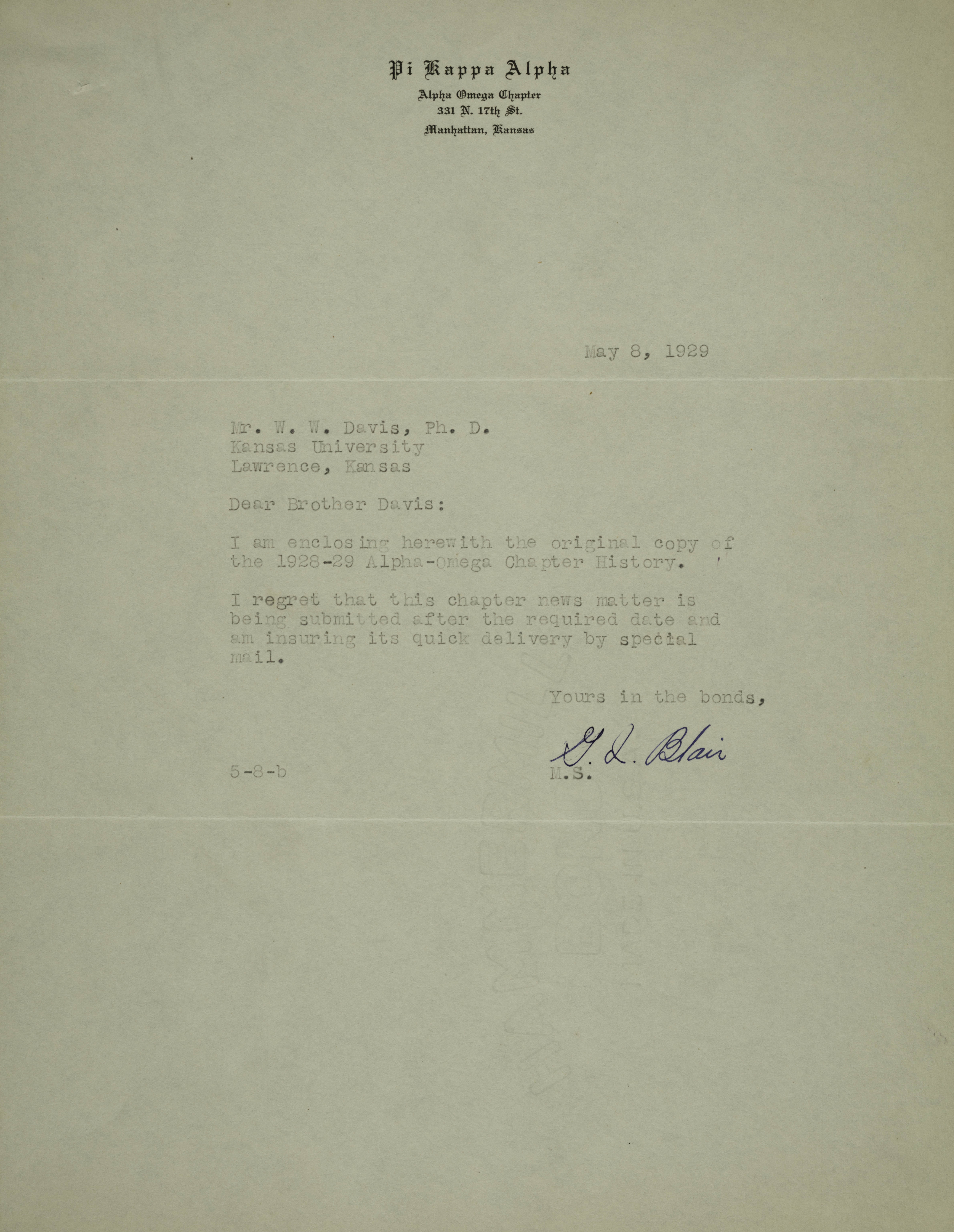 G.I. Blair to W.W. Davis Letter, May 8, 1929