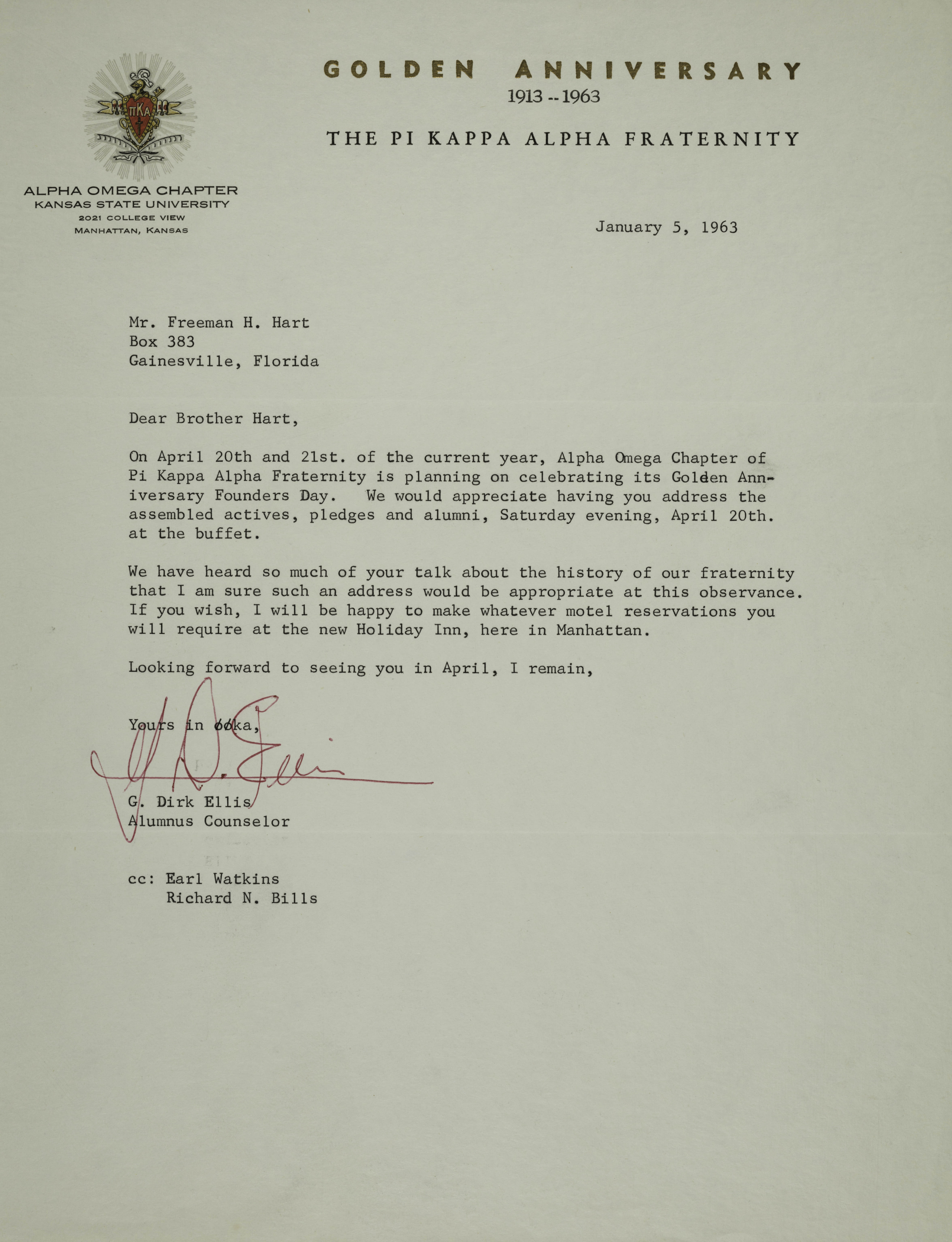 Dirk Ellis to Freeman Hart Letter, January 5, 1963