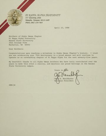 Gary Menchhofer to Alpha Omega Chapter Letter, April 10, 1988