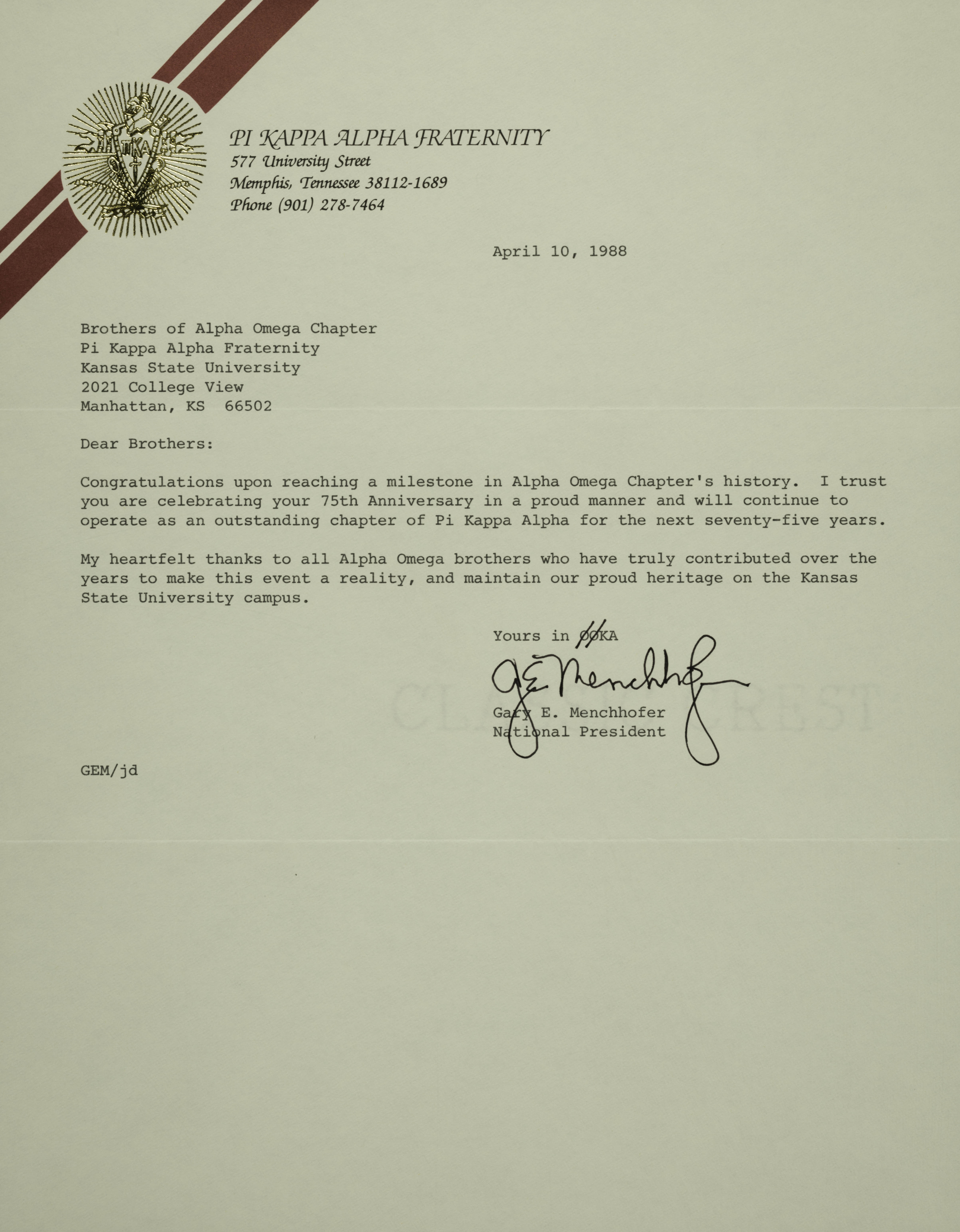Gary Menchhofer to Alpha Omega Chapter Letter, April 10, 1988