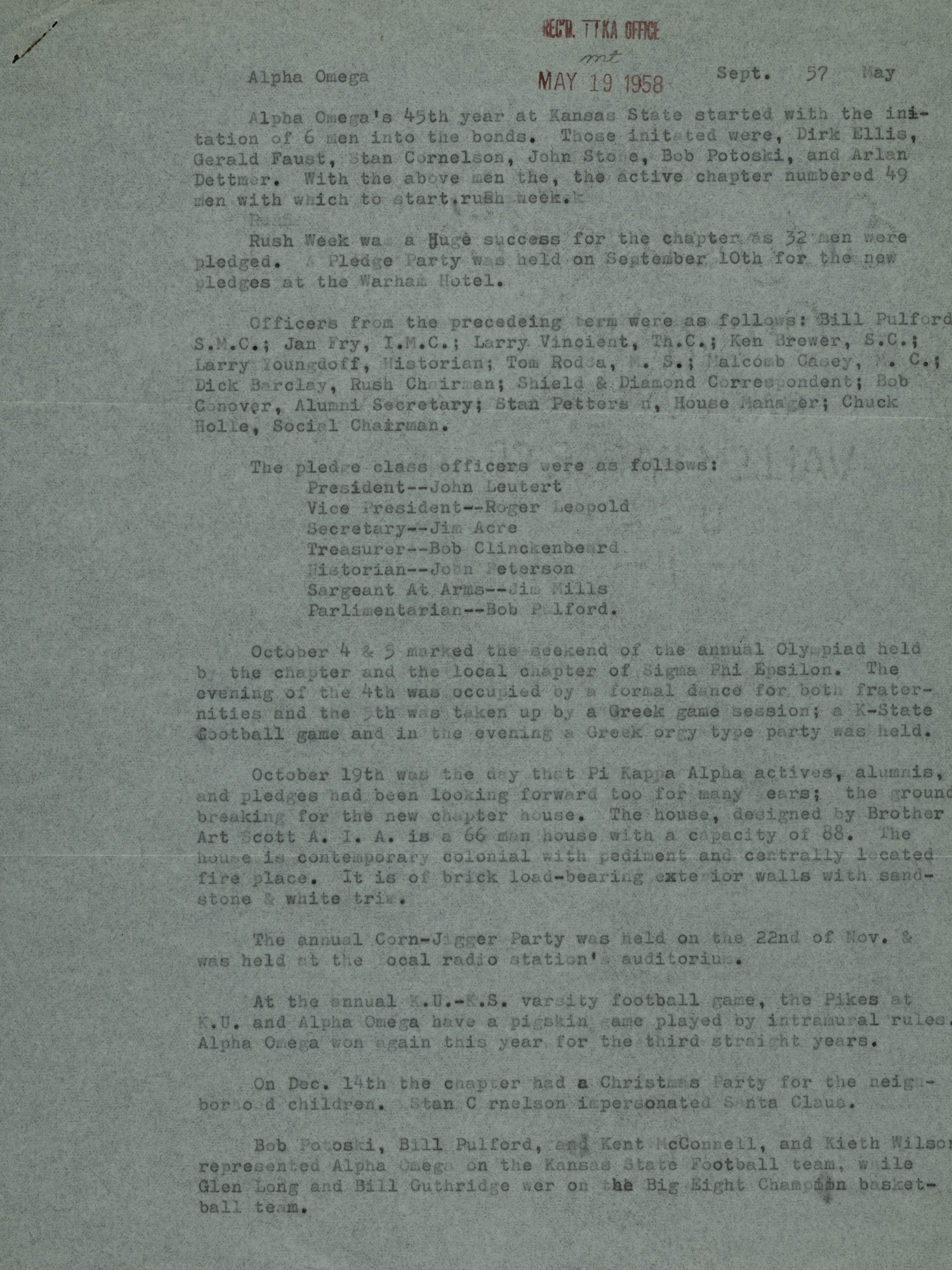 History of Alpha Omega Chapter, September 1957-May 1958