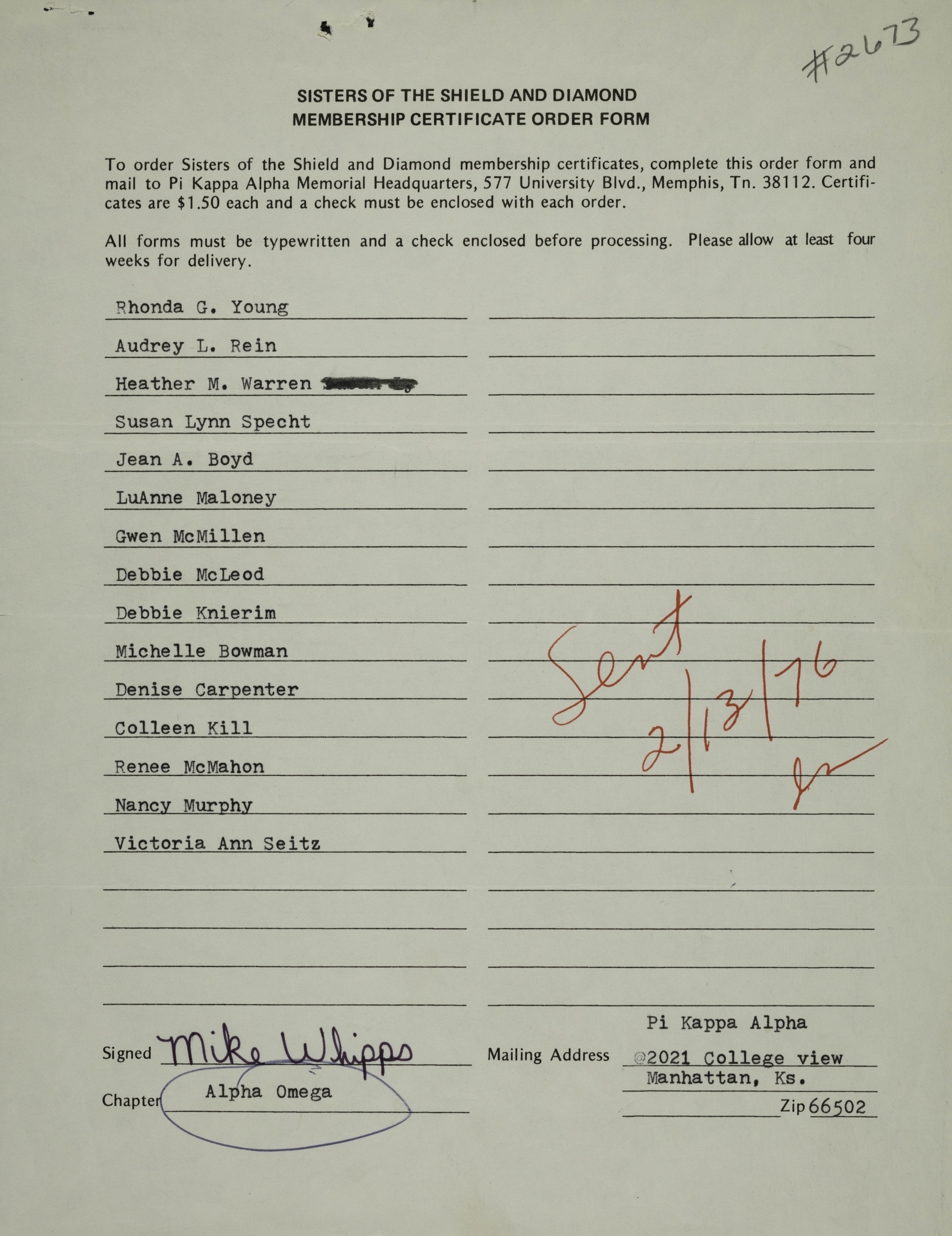 Sisters of the Shield and Diamond Membership Certificate Order Form, February 13, 1976