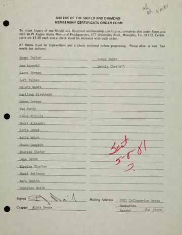 Sisters of the Shield and Diamond Membership Certificate Order Form, May 8, 1981