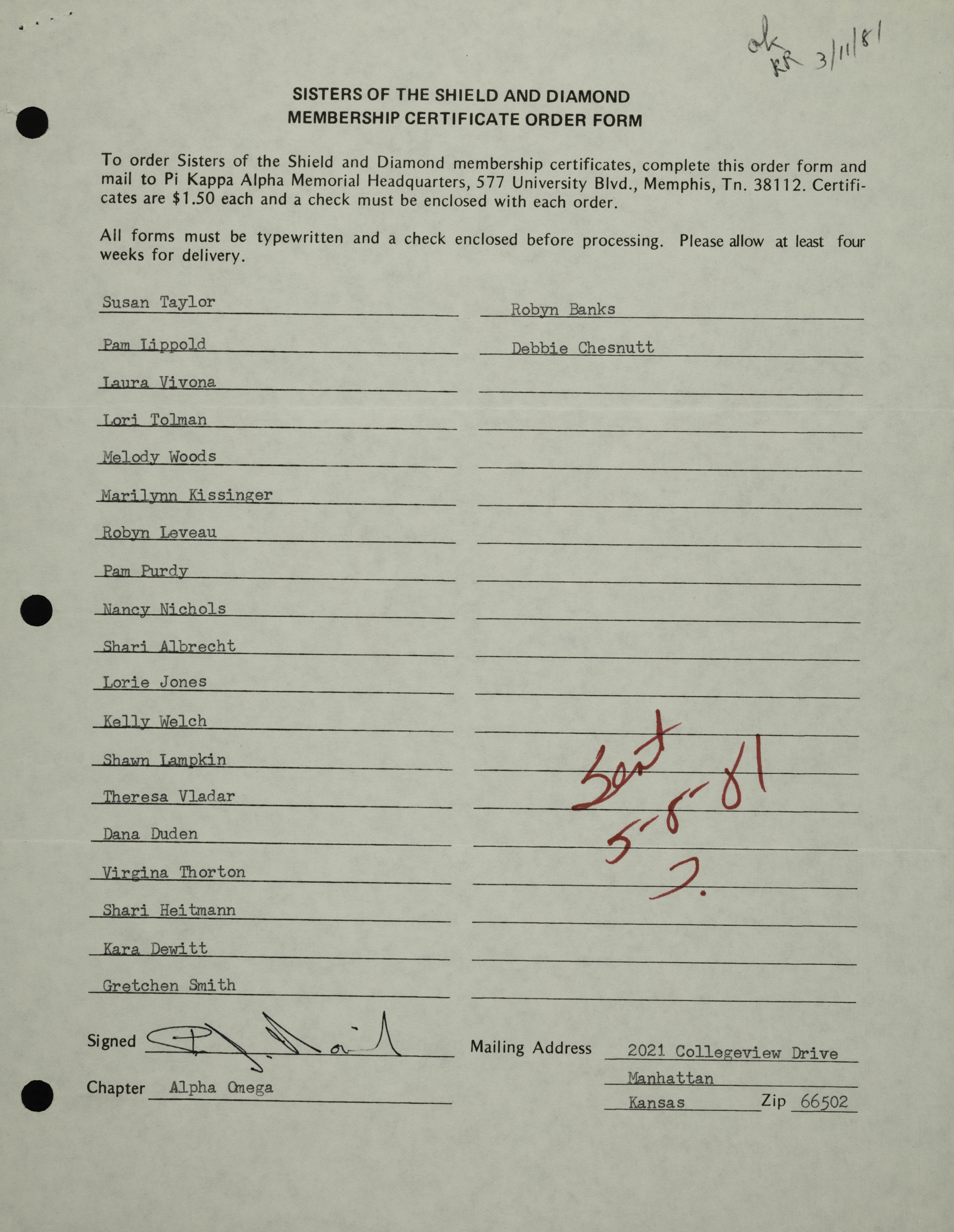 Sisters of the Shield and Diamond Membership Certificate Order Form, May 8, 1981