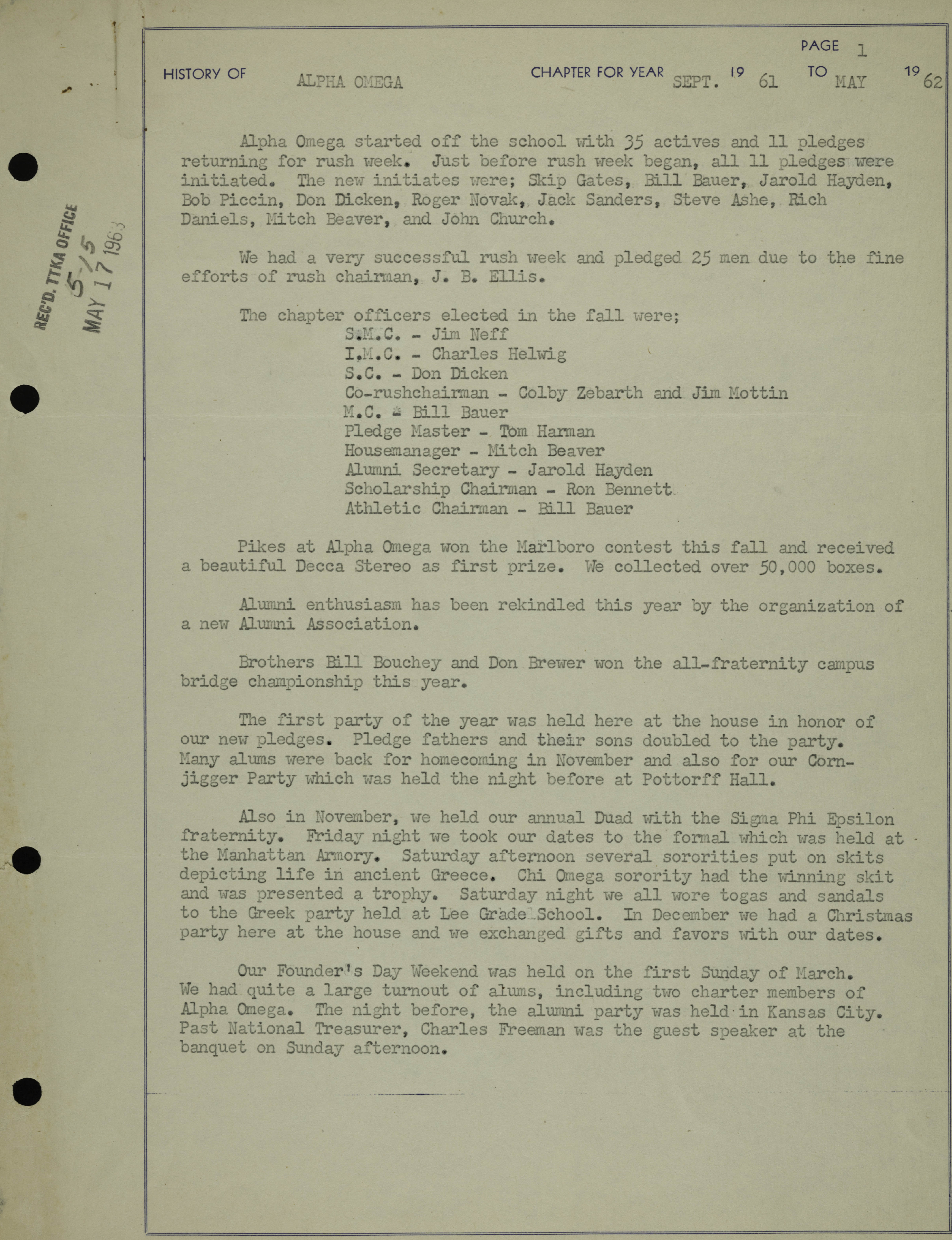 History of Alpha Omega Chapter, September 1961-May 1962