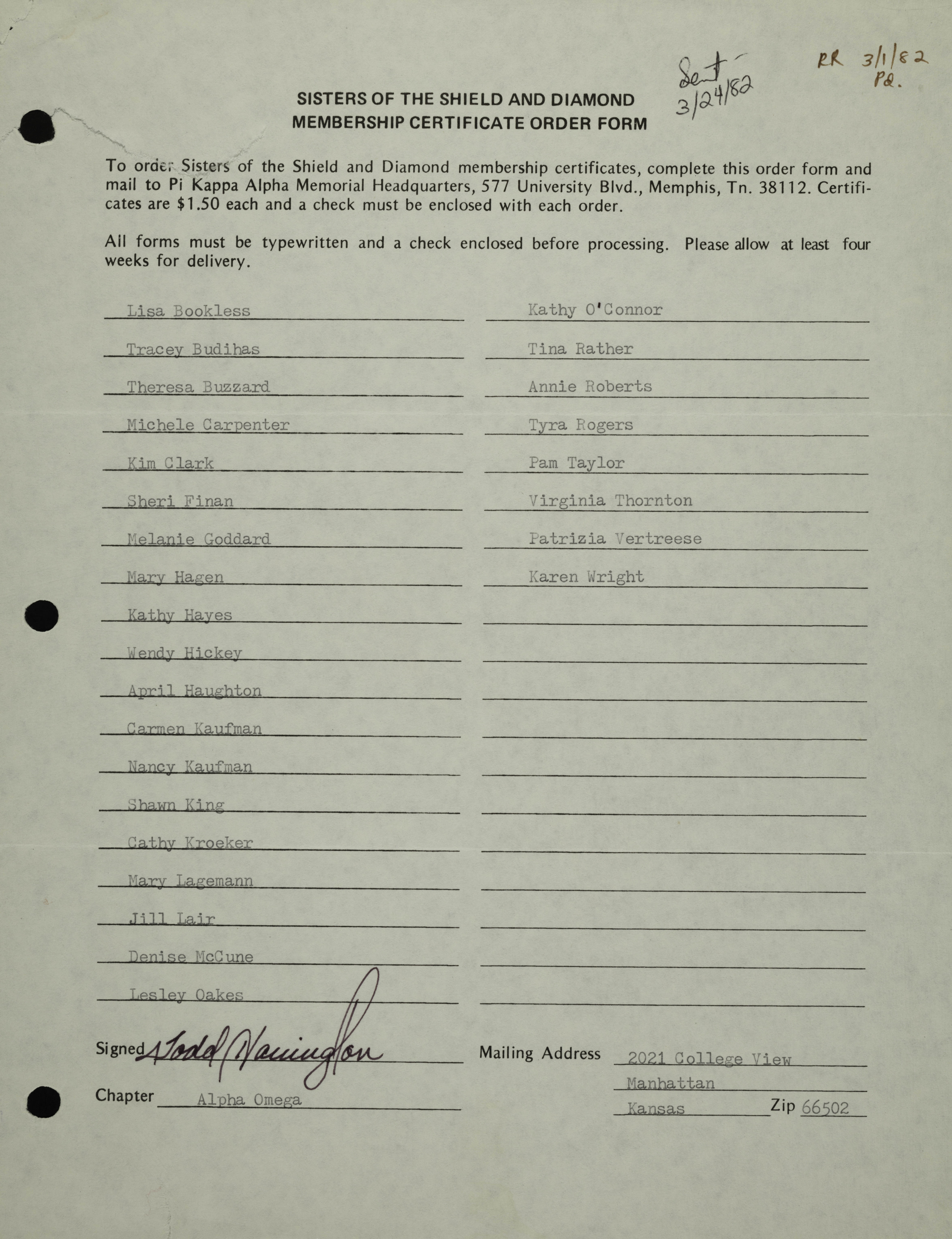 Sisters of the Shield and Diamond Membership Certificate Order Form, March 24, 1982