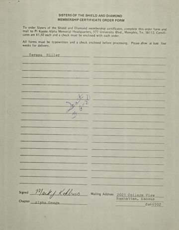 Sisters of the Shield and Diamond Membership Certificate Order Form, March 6, 1980
