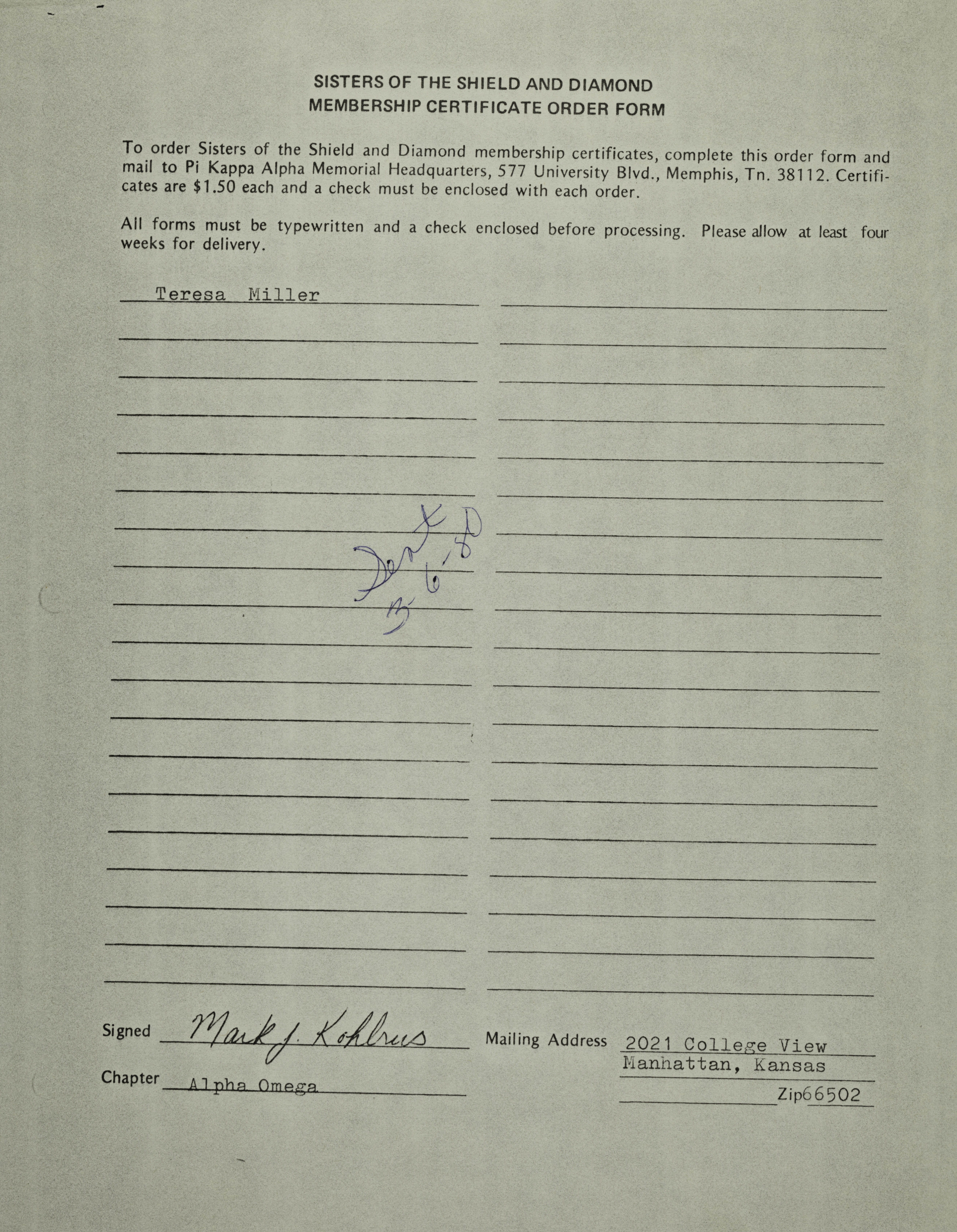 Sisters of the Shield and Diamond Membership Certificate Order Form, March 6, 1980