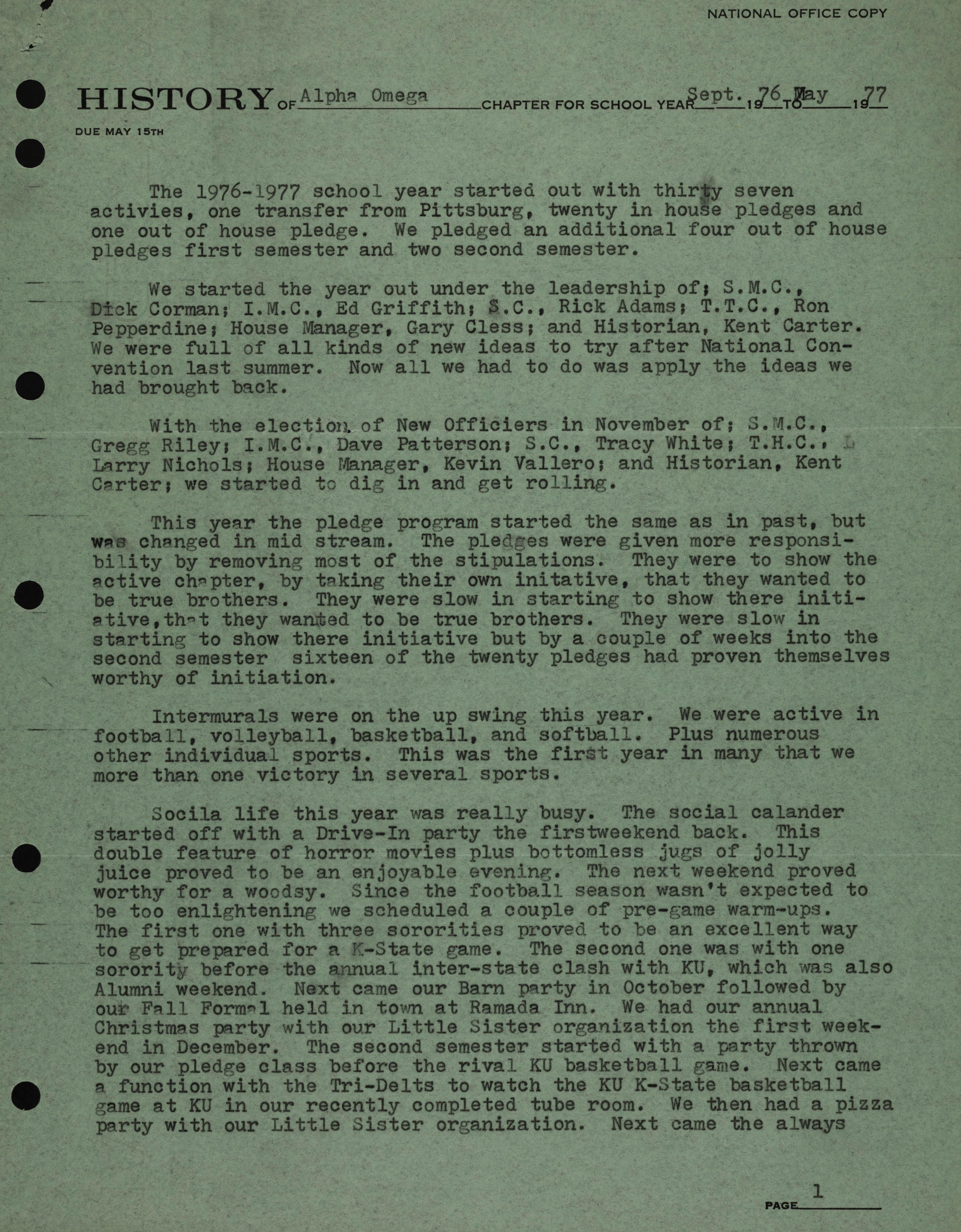 History of Alpha Omega Chapter, September 1976-May 1977