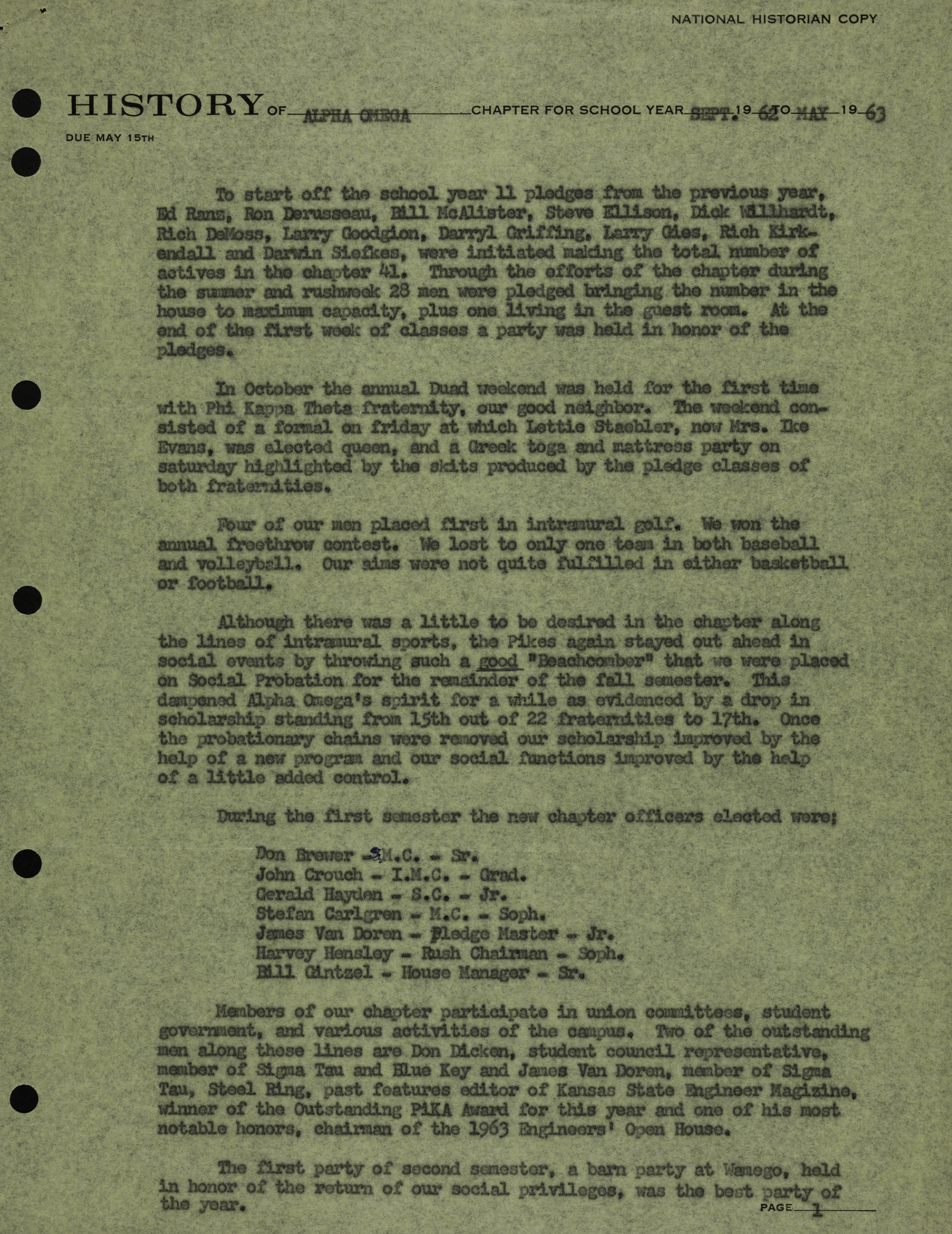 History of Alpha Omega Chapter, September 1962-May 1963