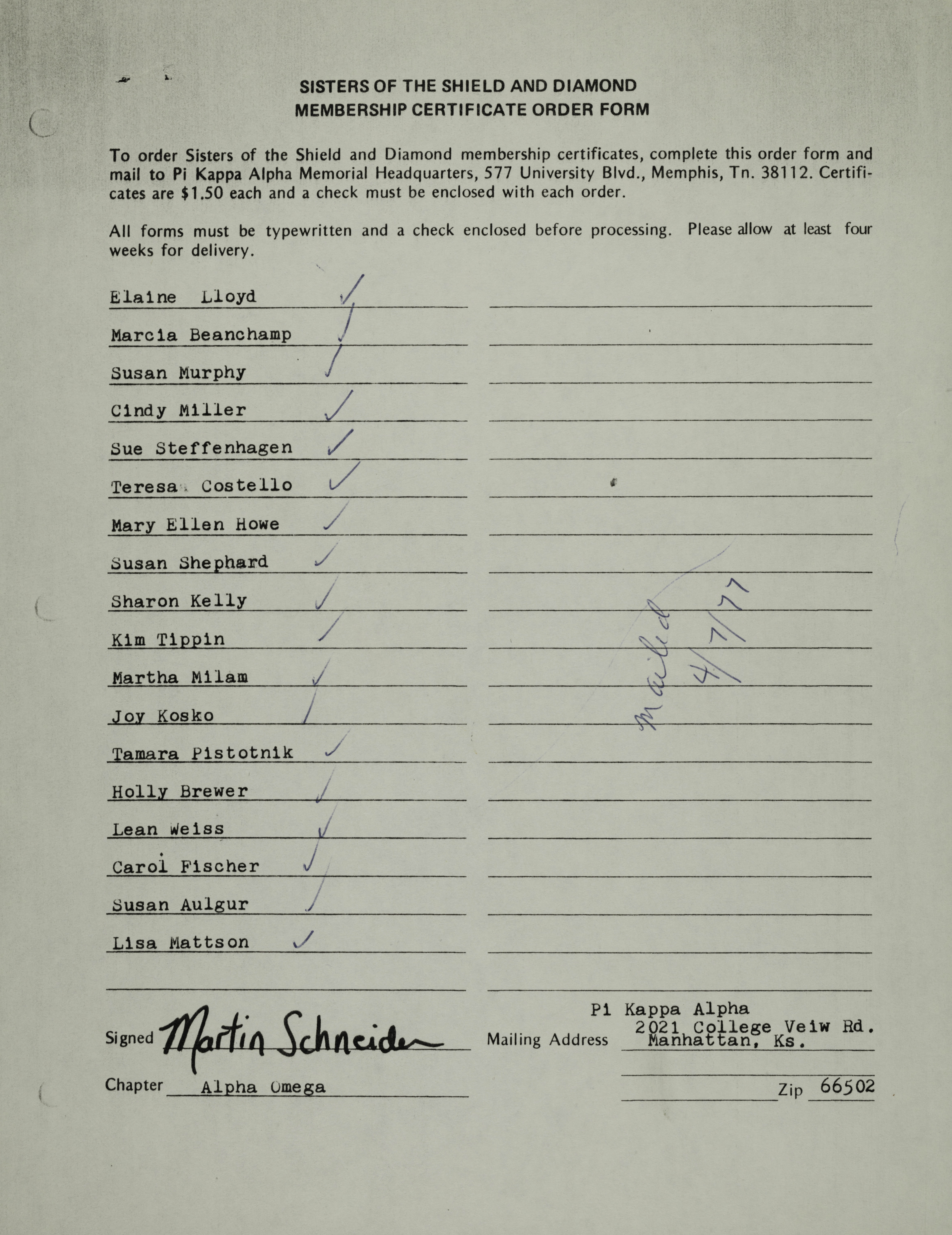 Sisters of the Shield and Diamond Membership Certificate Order Form, April 7, 1977