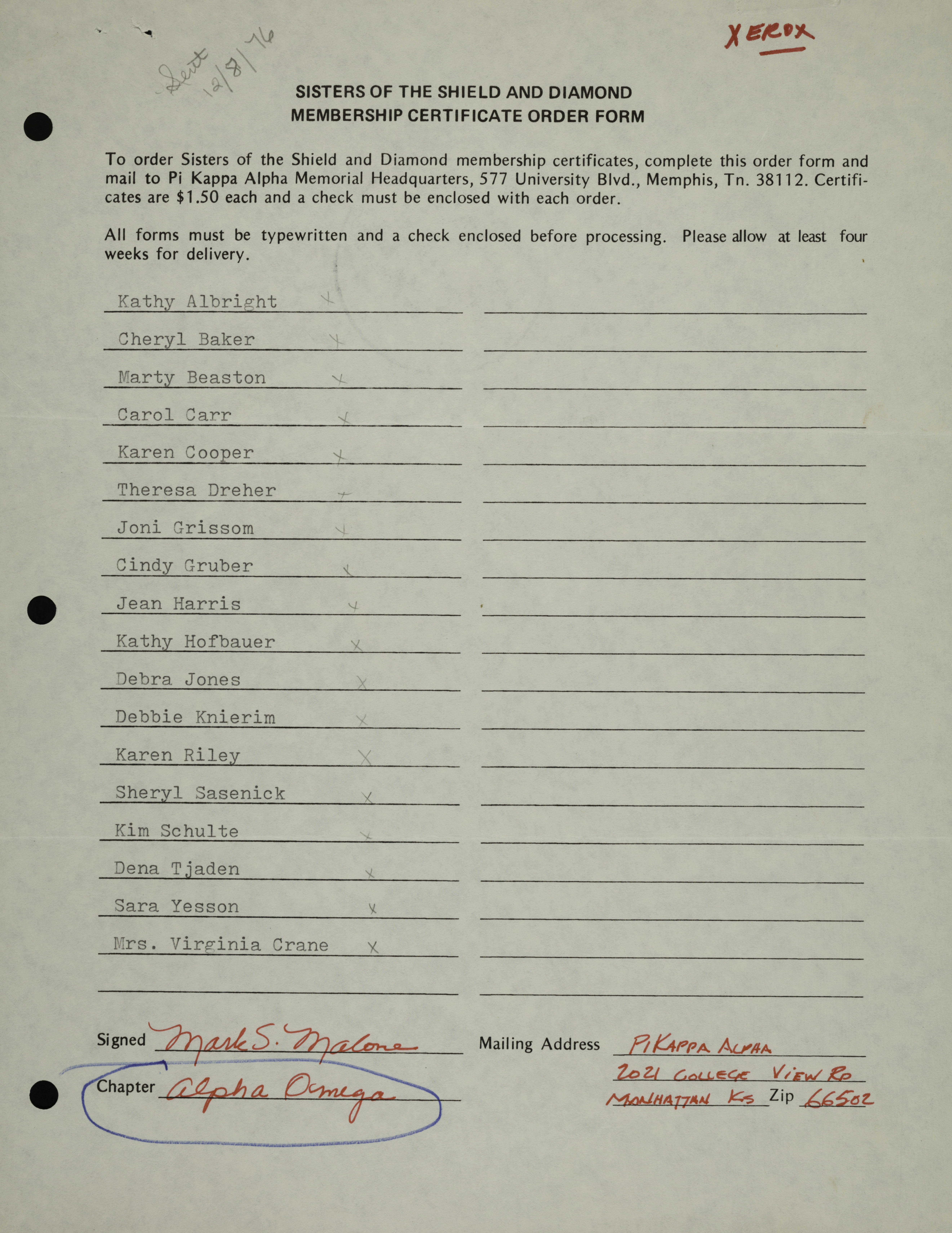 Sisters of the Shield and Diamond Membership Certificate Order Form, December 8, 1976