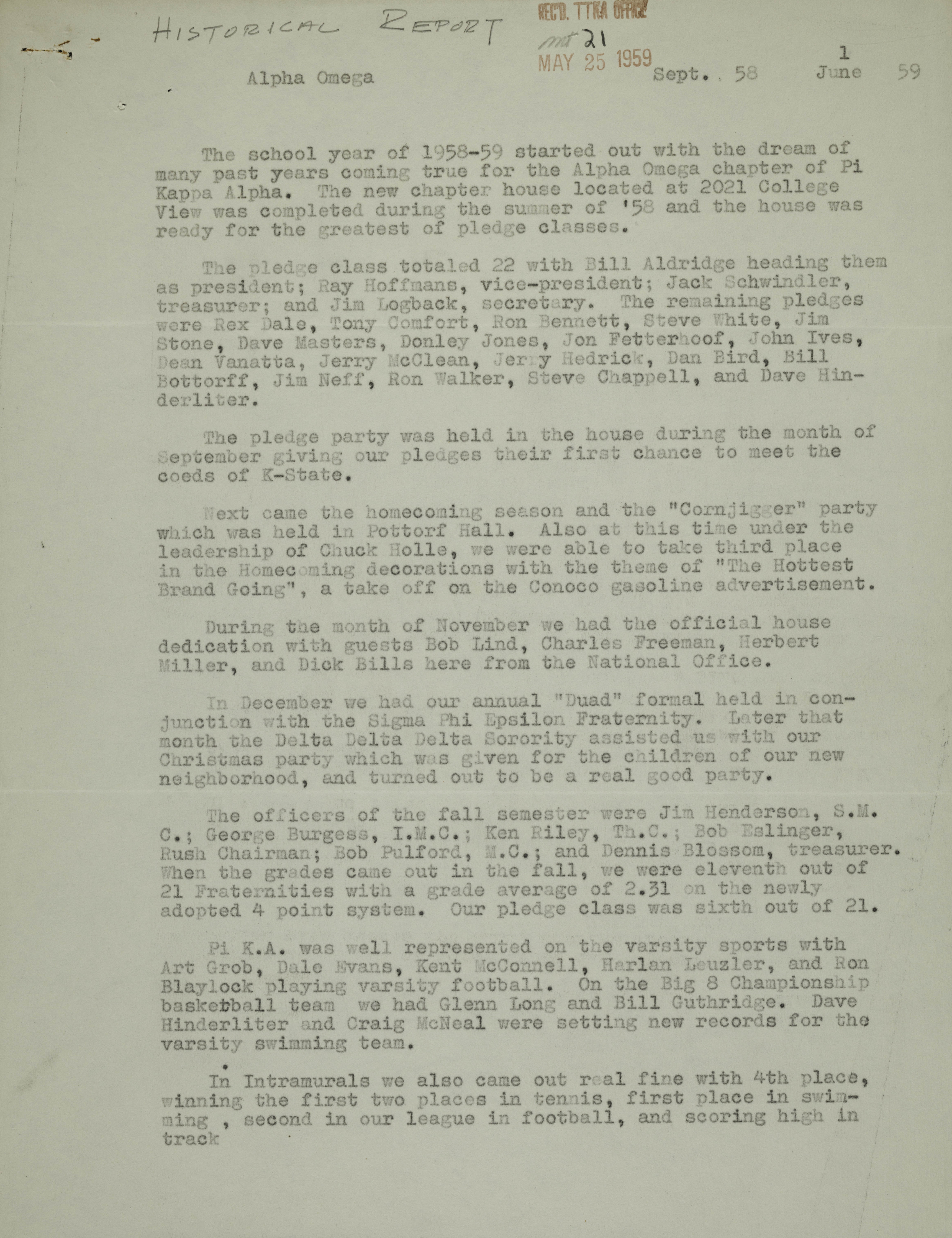History of Alpha Omega Chapter, September 1958-May 1959