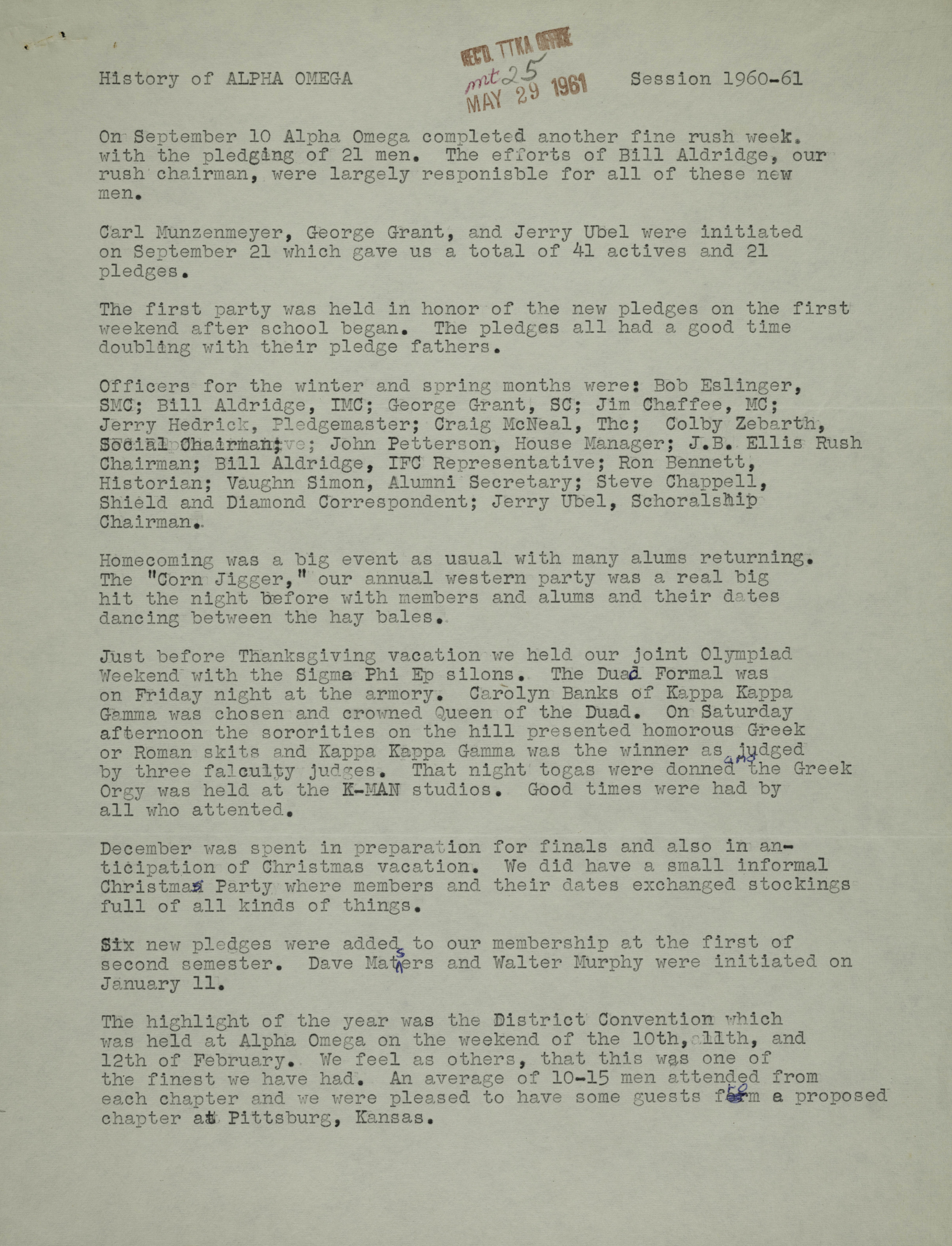 History of Alpha Omega Chapter, September 1960-May 1961