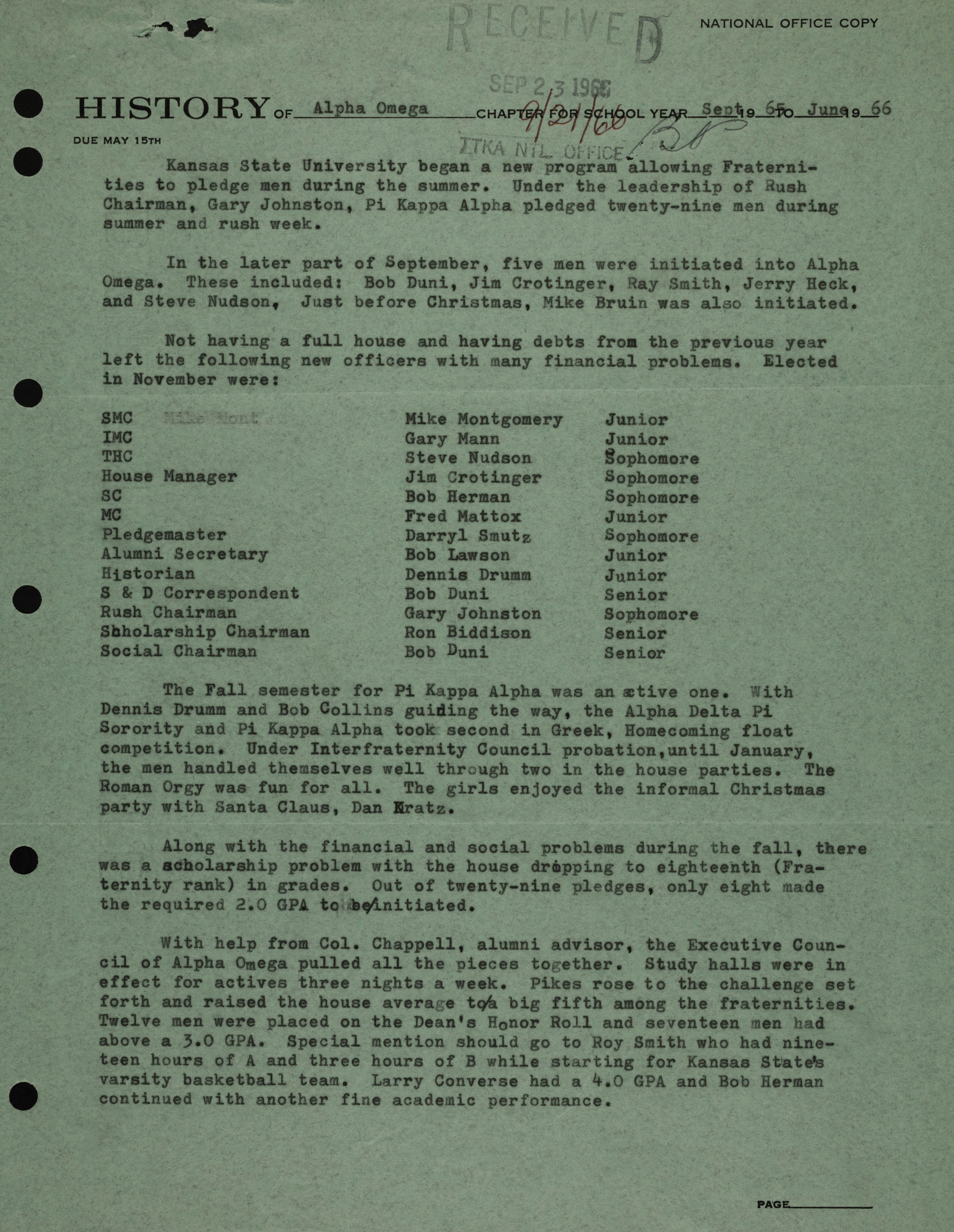 History of Alpha Omega Chapter, September 1965-May 1966