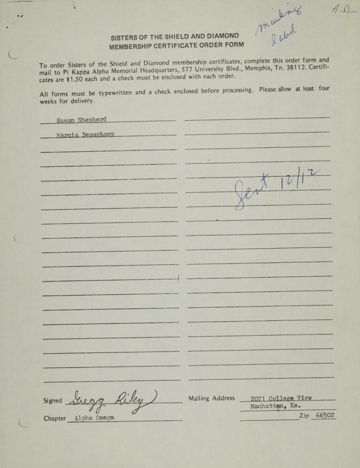 Sisters of the Shield and Diamond Membership Certificate Order Form, December 12, 1977