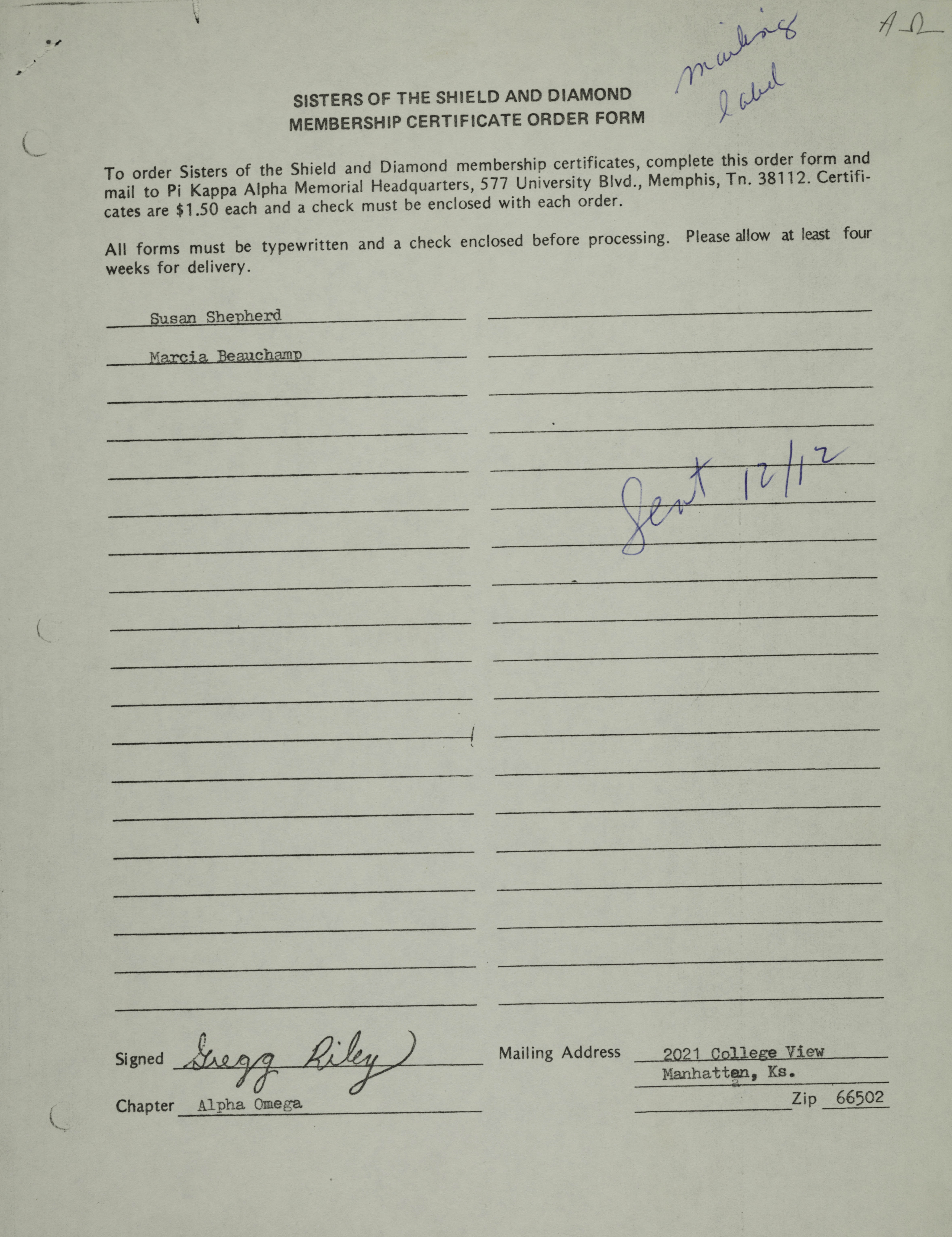 Sisters of the Shield and Diamond Membership Certificate Order Form, December 12, 1977