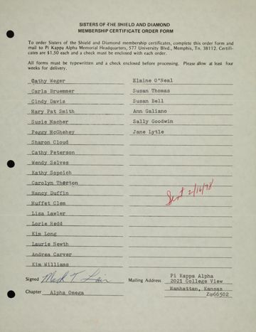Sisters of the Shield and Diamond Membership Certificate Order Form, February 16, 1978