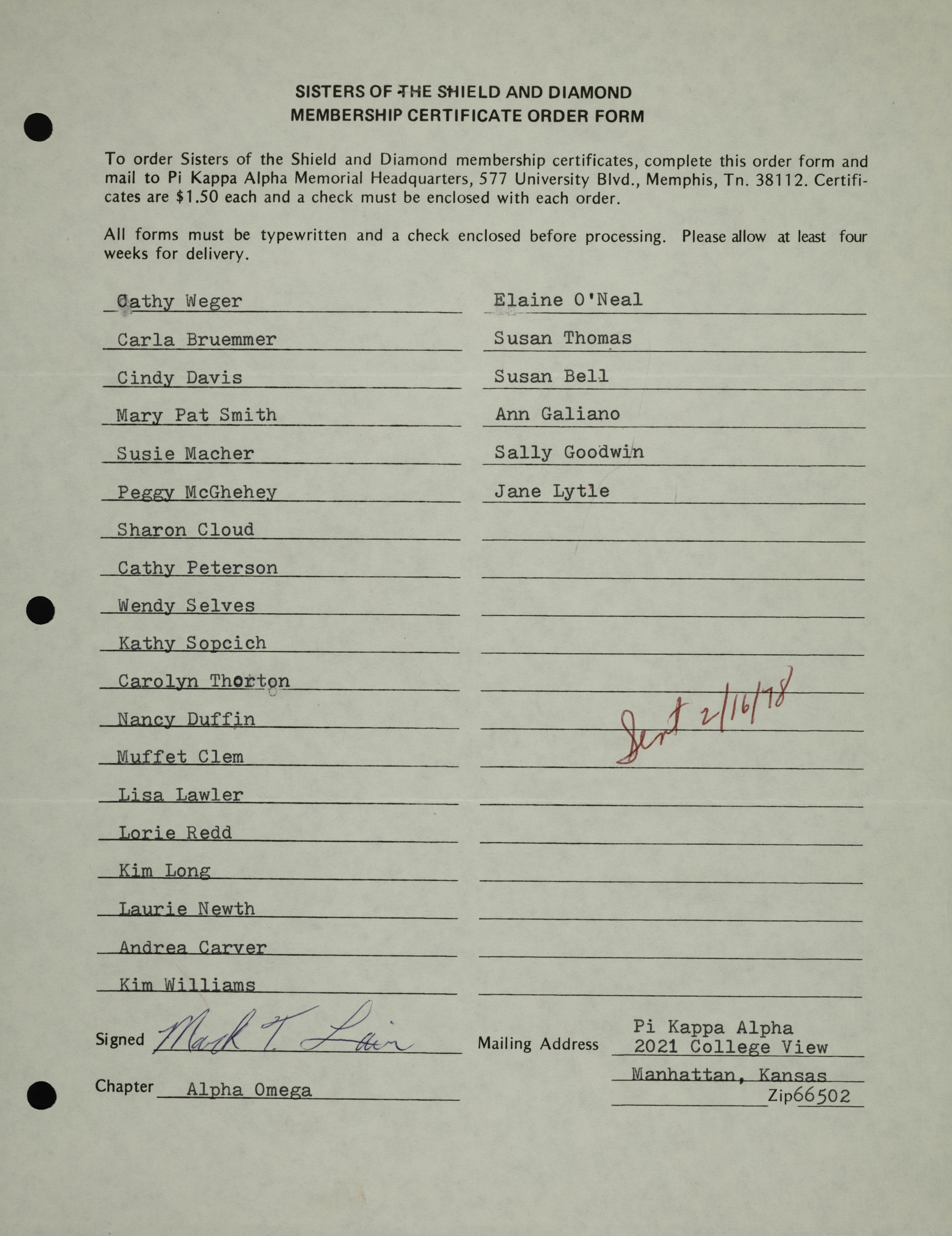 Sisters of the Shield and Diamond Membership Certificate Order Form, February 16, 1978