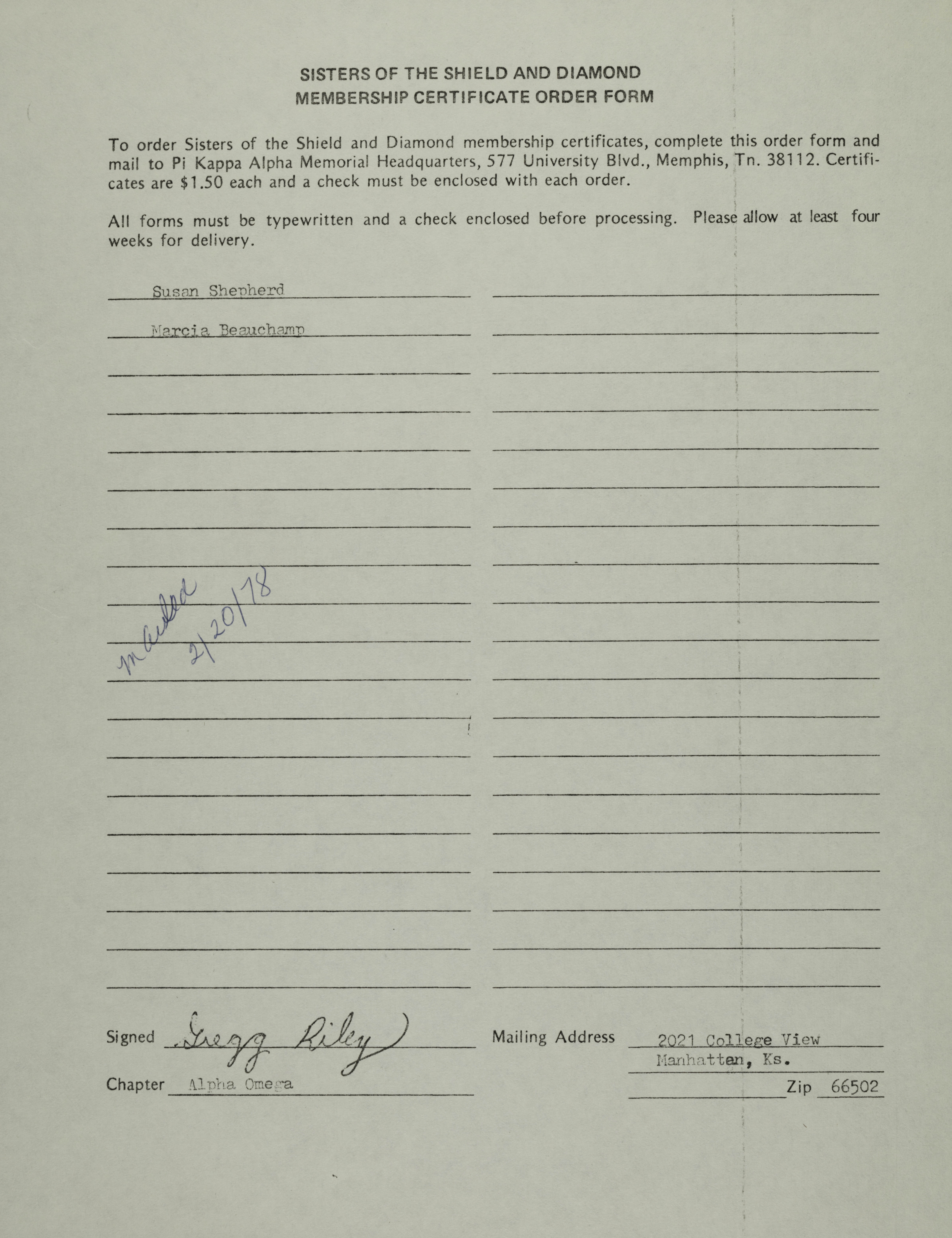 Sisters of the Shield and Diamond Membership Certificate Order Form, February 20, 1978