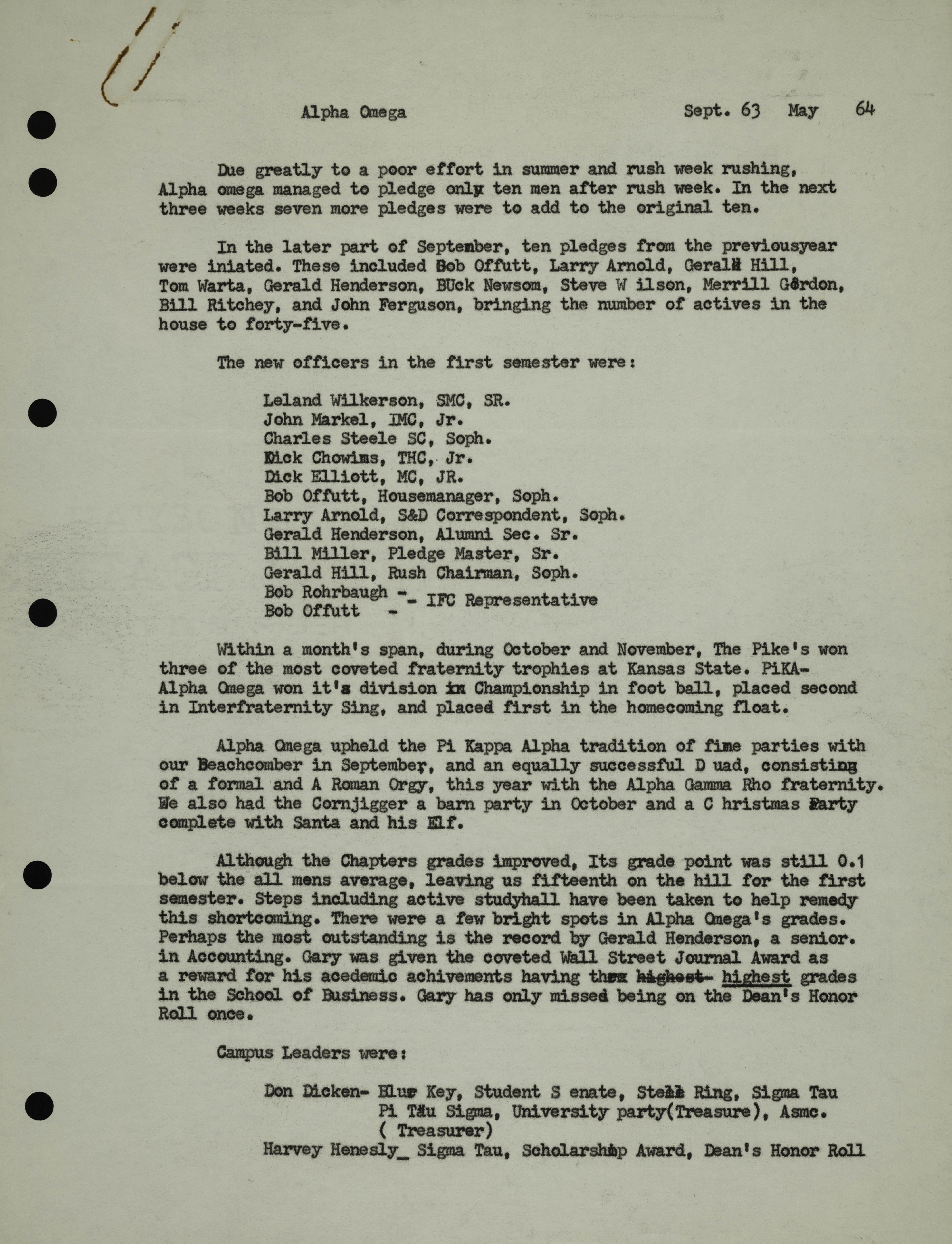 Alpha Omega Chapter History, September 1963-May 1964
