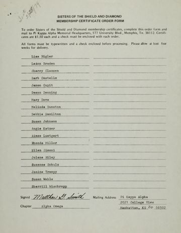 Sisters of the Shield and Diamond Membership Certificate Order Form, February 28, 1979