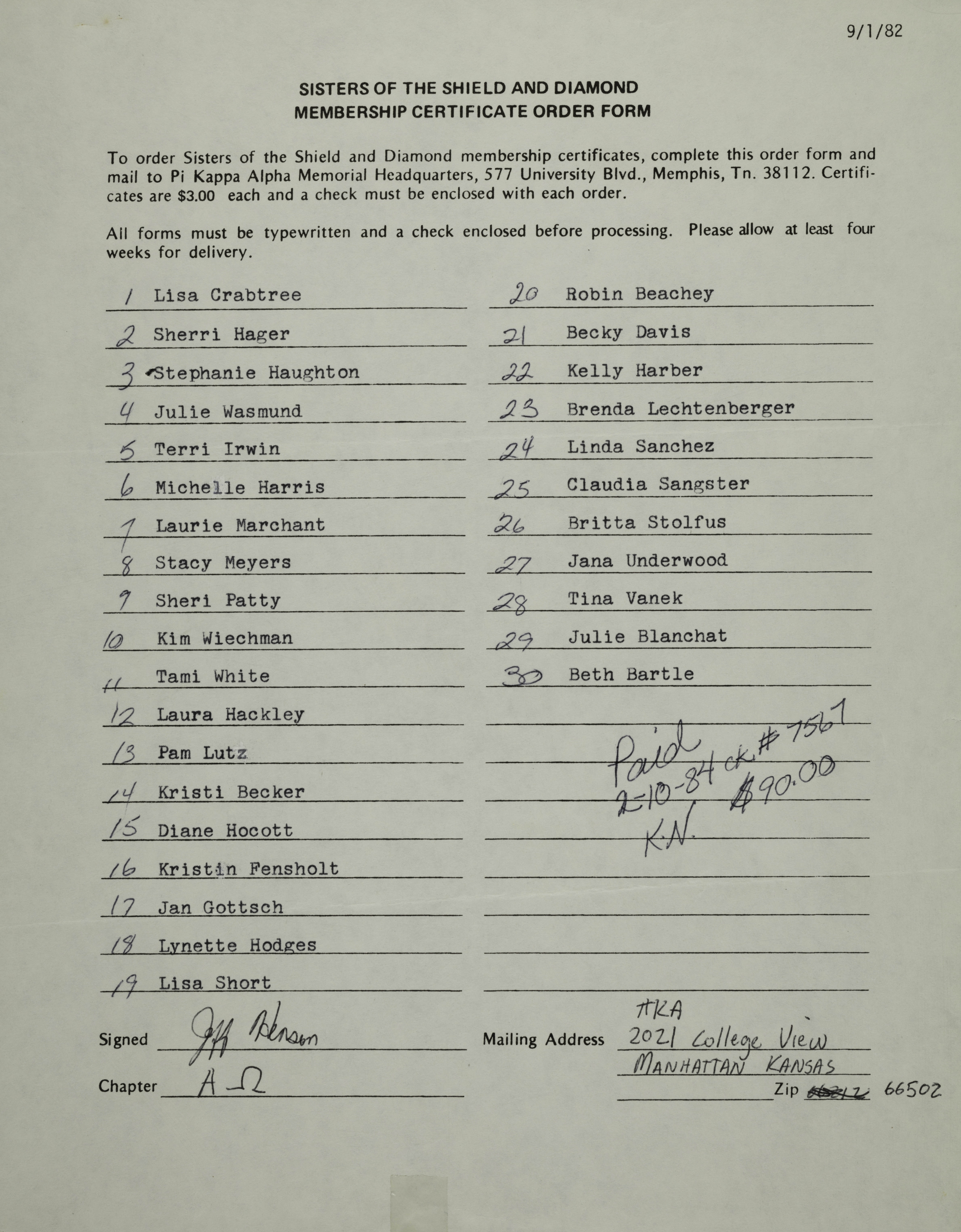 Sisters of the Shield and Diamond Membership Certificate Order Form, September 1, 1982