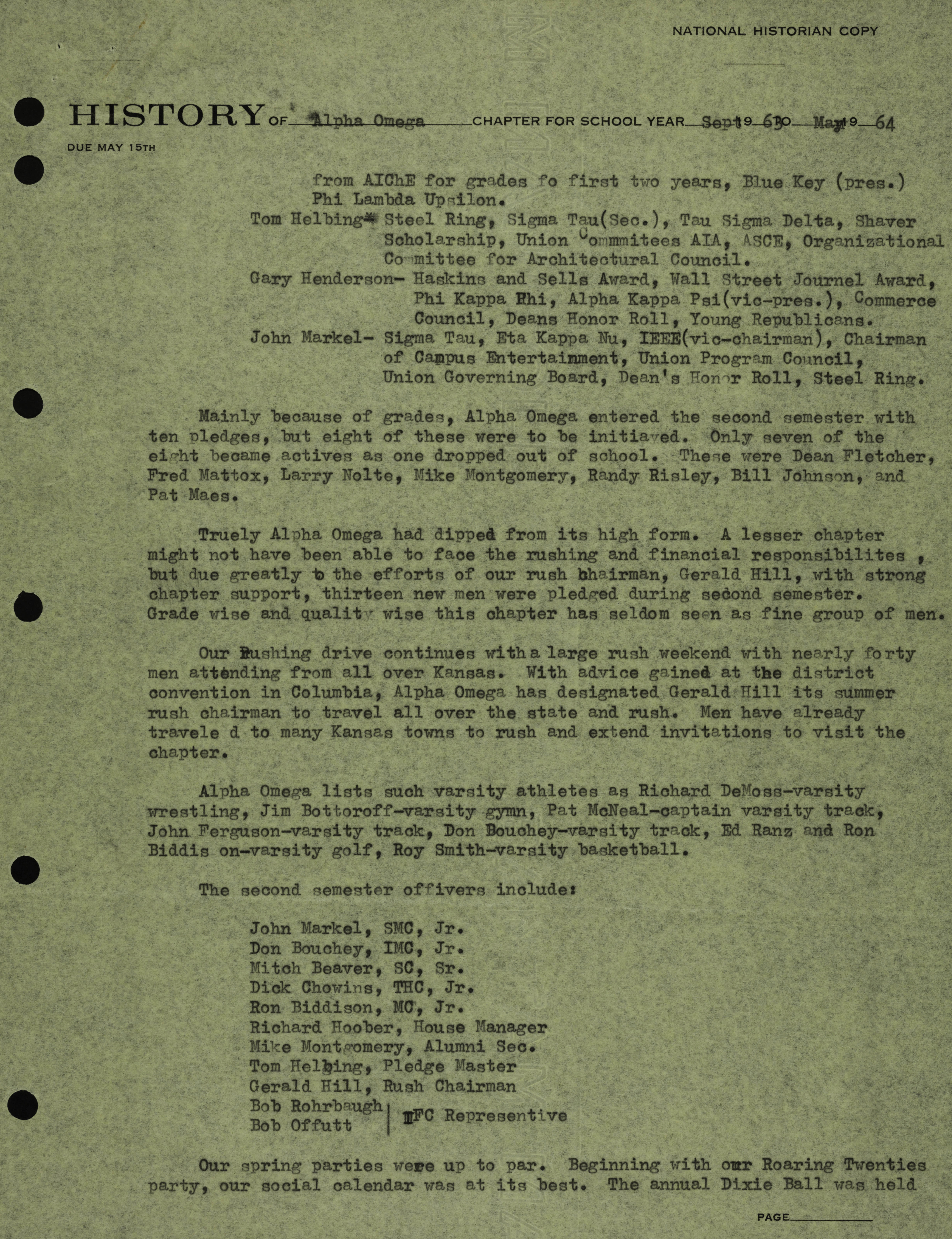 History of Alpha Omega Chapter, September 1963-May 1964