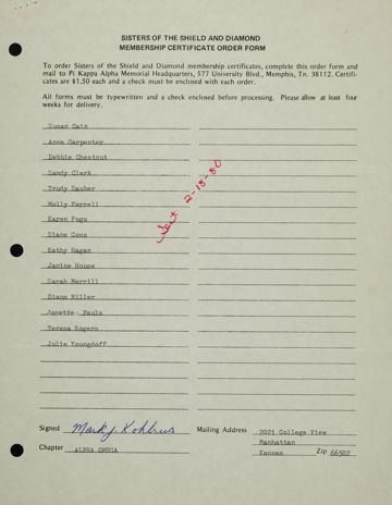 Sisters of the Shield and Diamond Membership Certificate Order Form, February 18, 1980