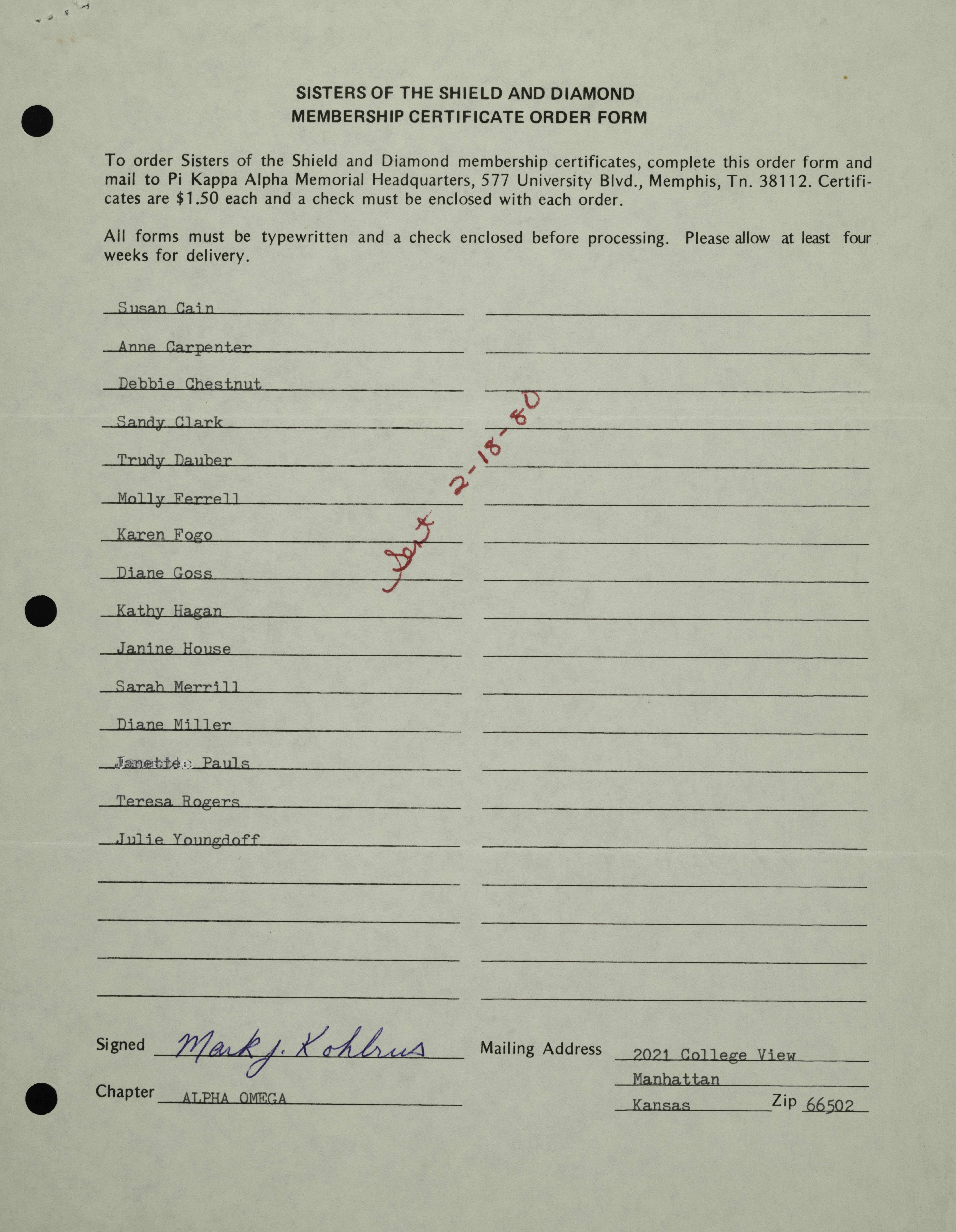 Sisters of the Shield and Diamond Membership Certificate Order Form, February 18, 1980