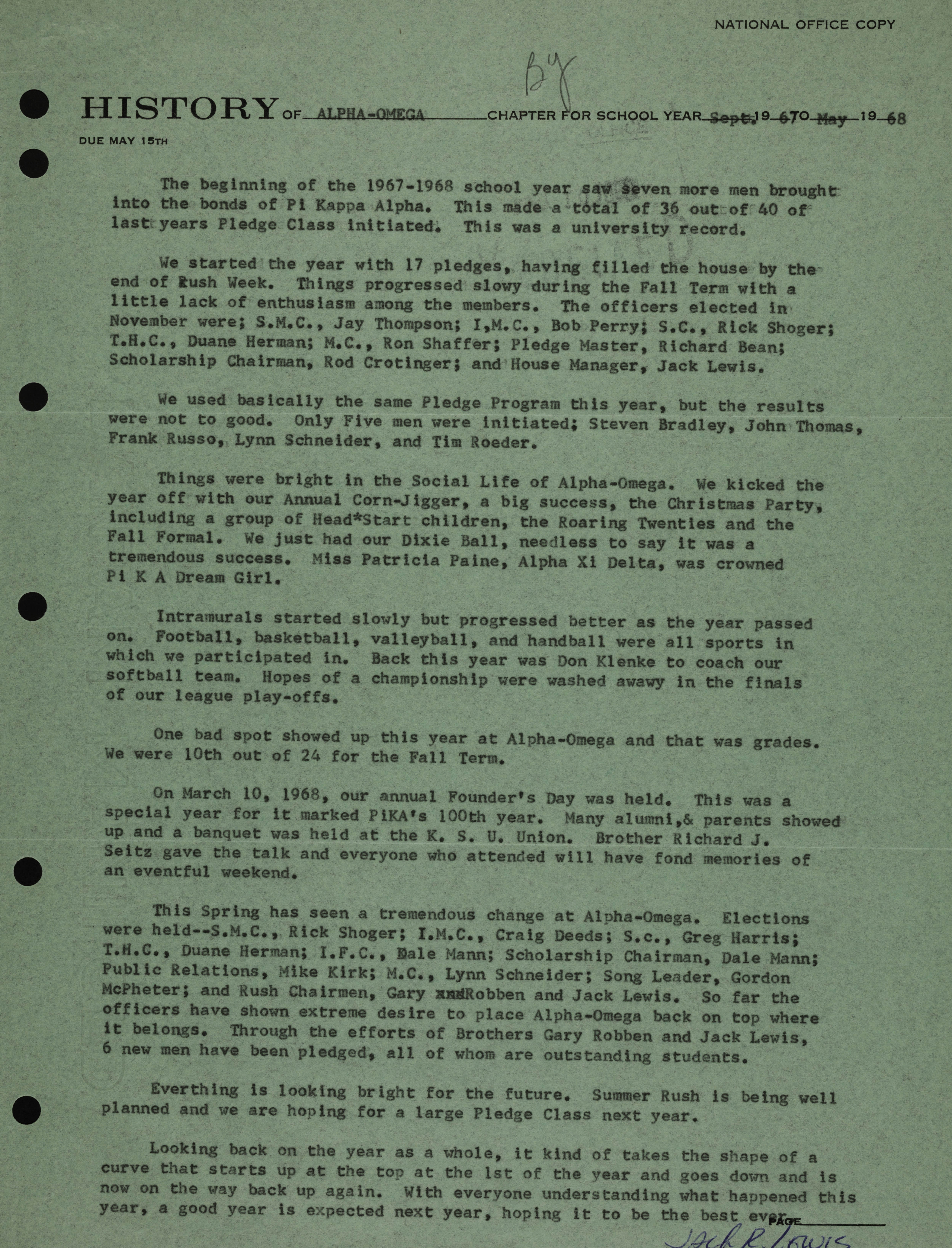 History of Alpha Omega Chapter, September 1967-June 1968