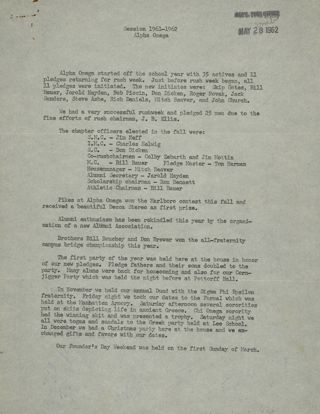 History of Alpha Omega Chapter Transcription, September 1961-May 1962