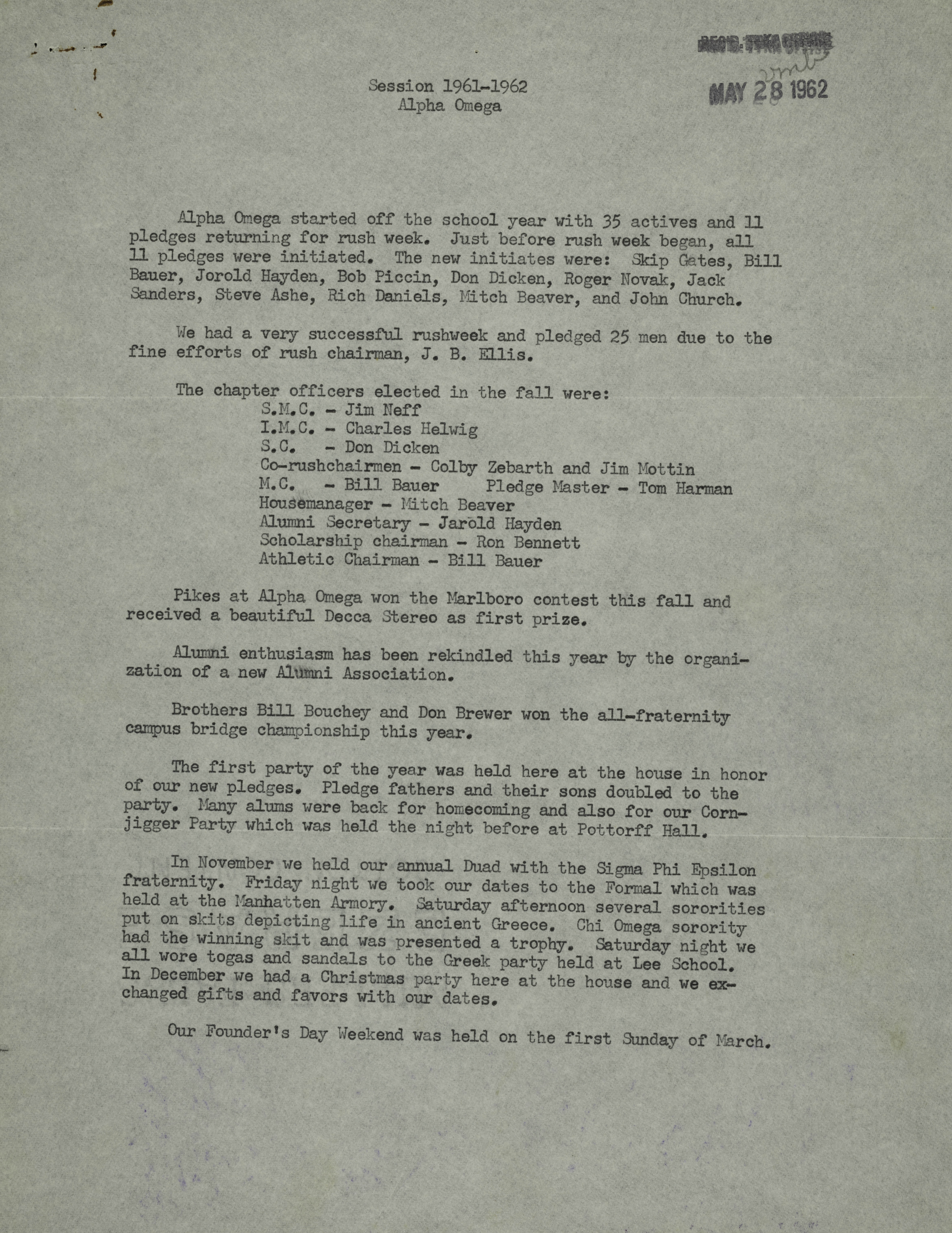 History of Alpha Omega Chapter Transcription, September 1961-May 1962