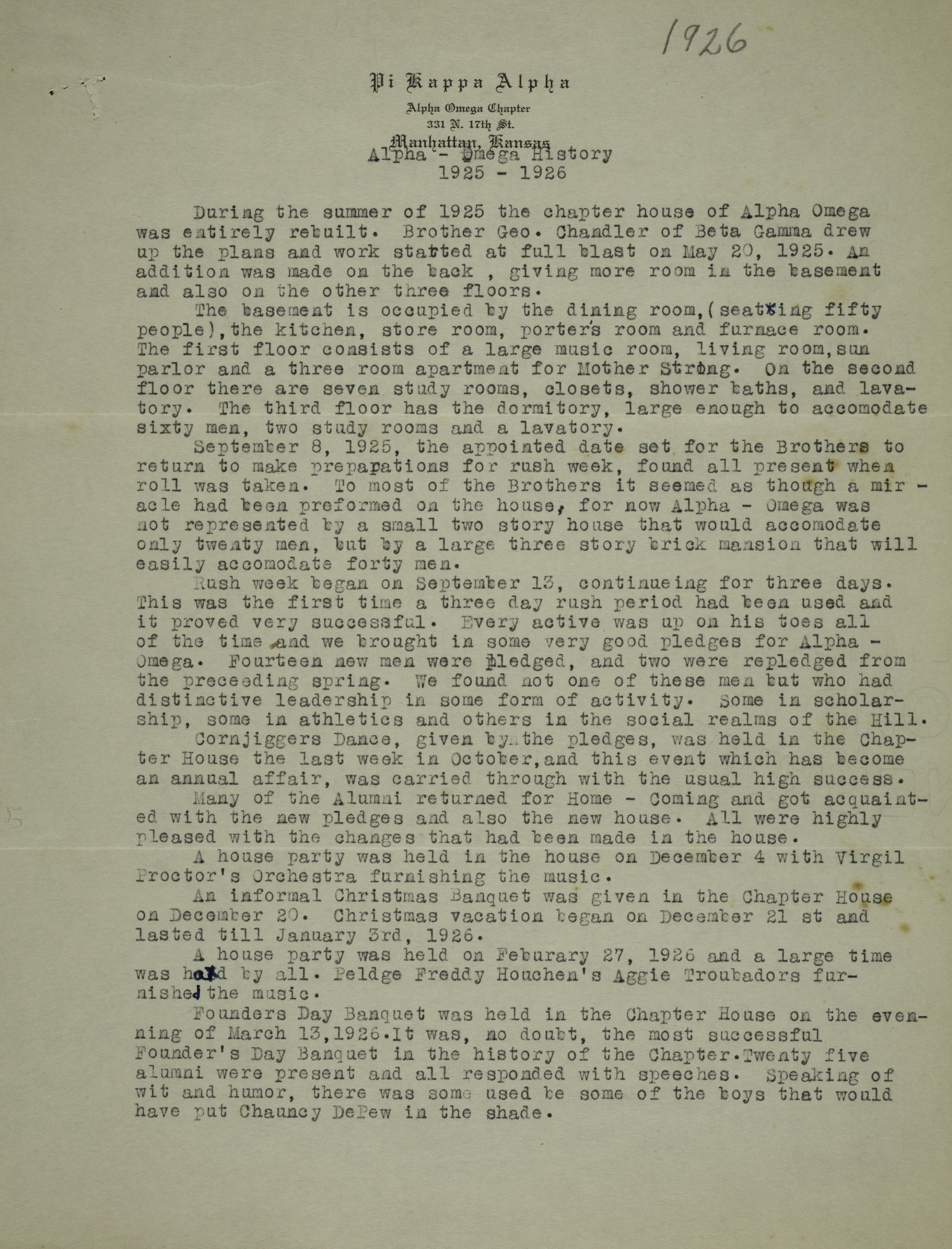 Alpha Omega History, 1925-1926