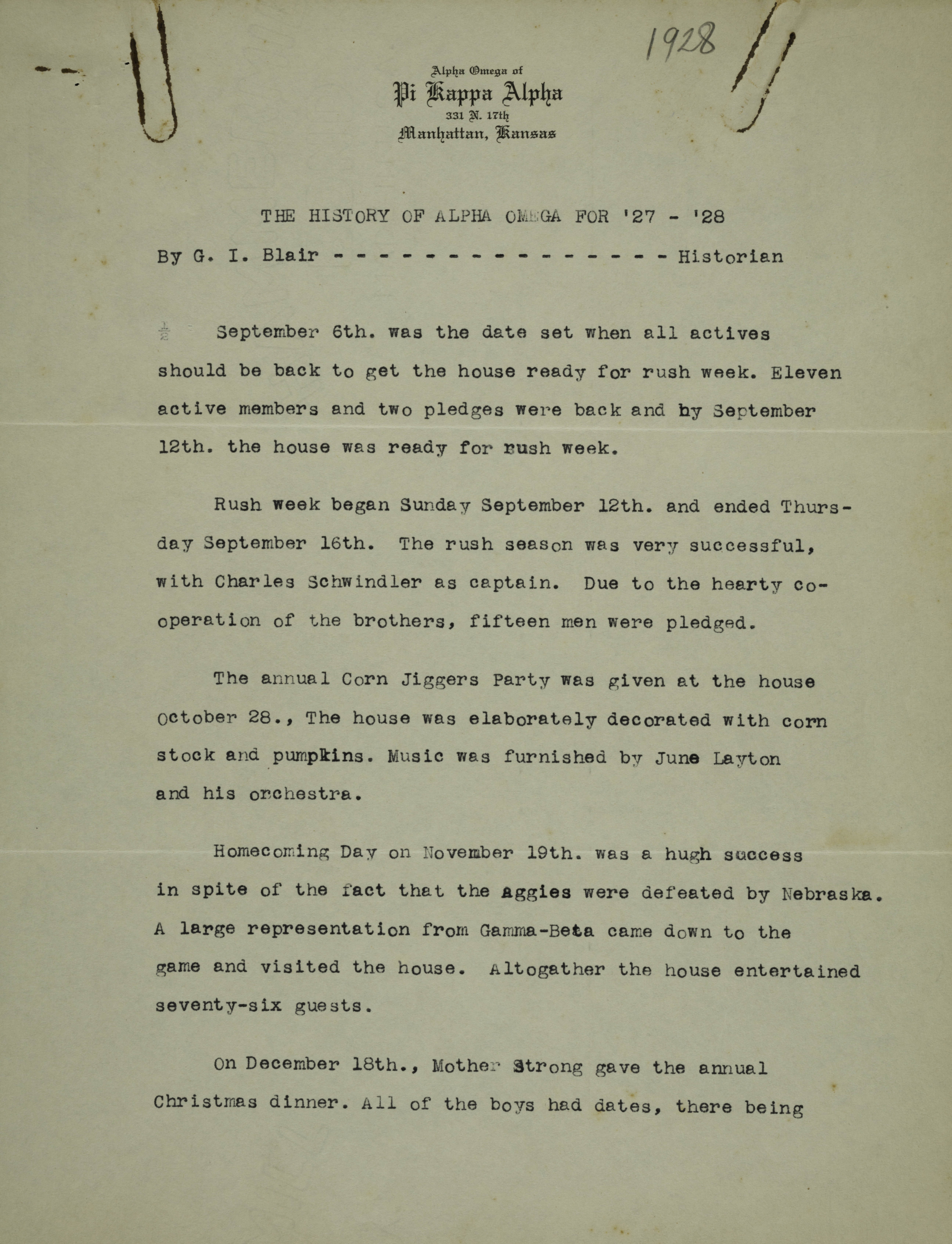 The History of Alpha Omega for 1927-1928
