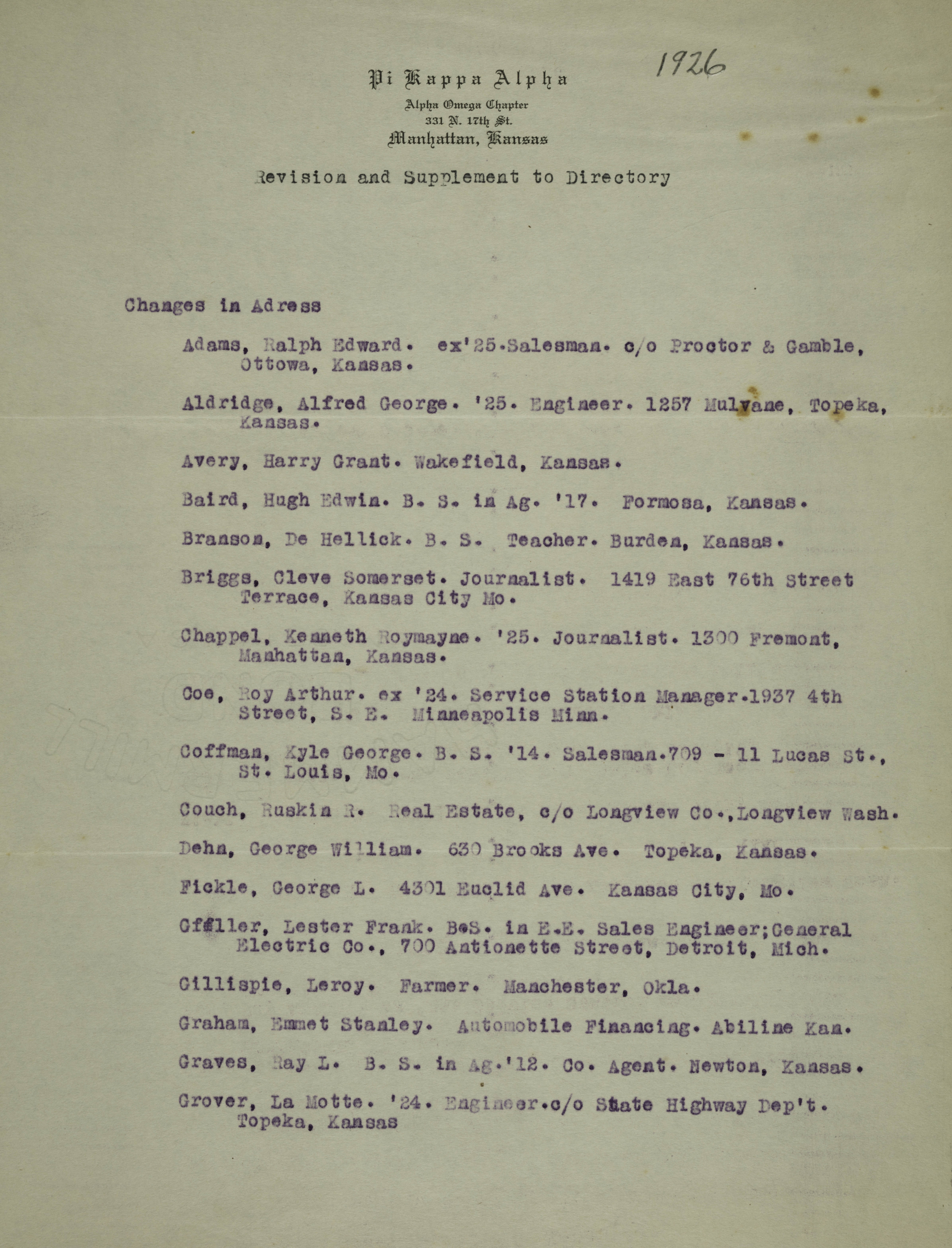 Revision and Supplement to Directory, 1926