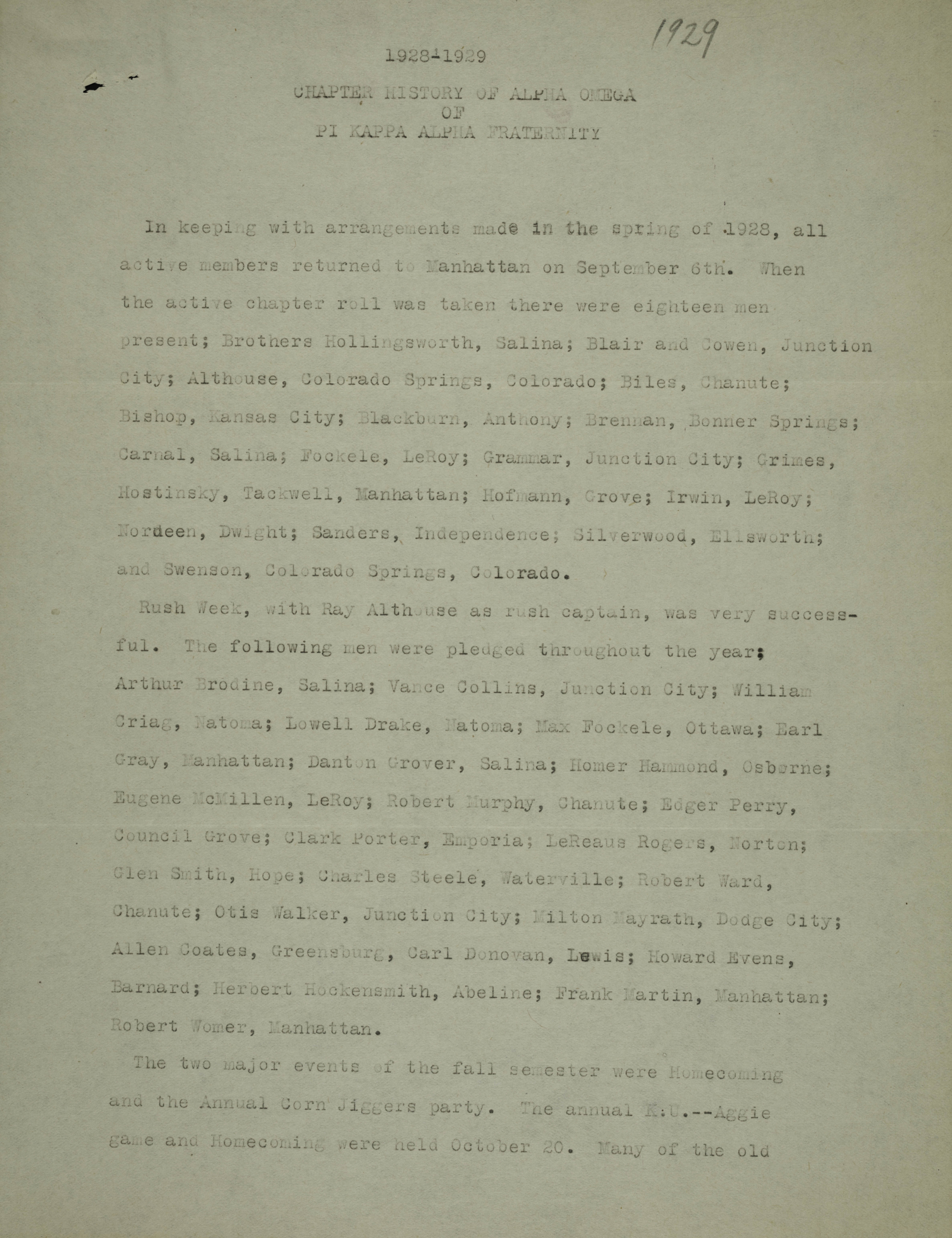 Chapter History of Alpha Omega of Pi Kappa Alpha Fraternity, 1928-1929