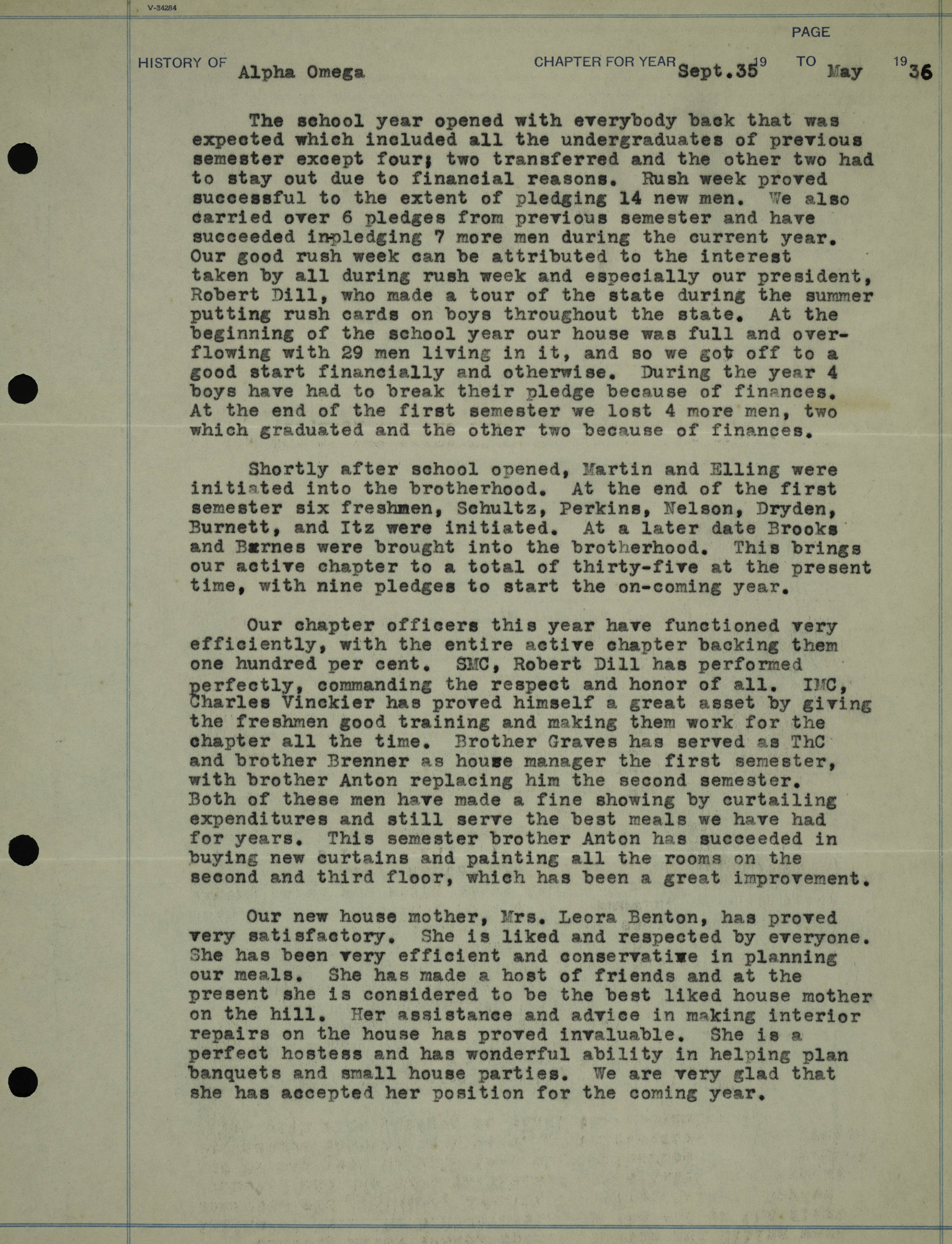 History of Alpha Omega Chapter, September 1935-May 1936