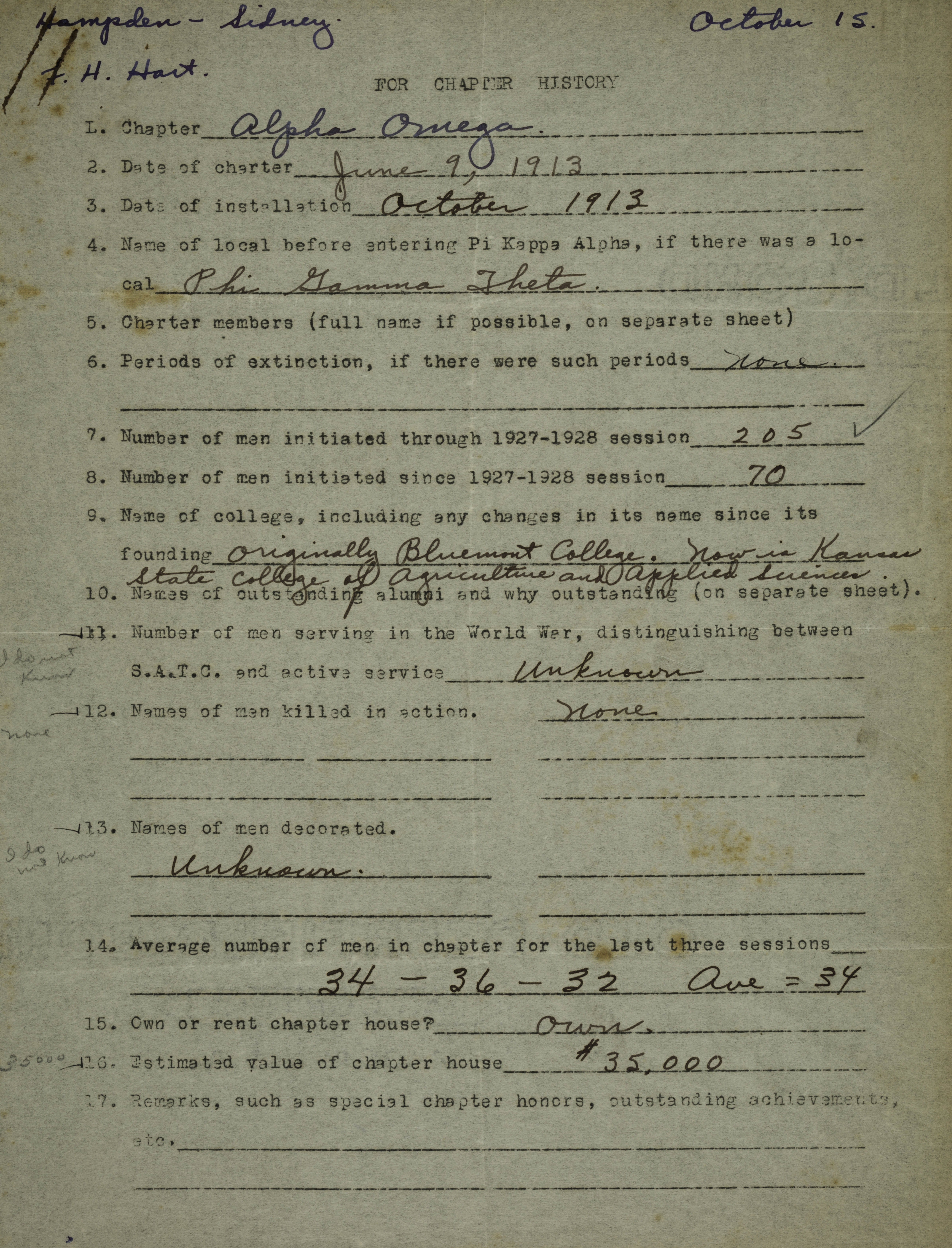 Alpha Omega Chapter History Form, c. 1920s