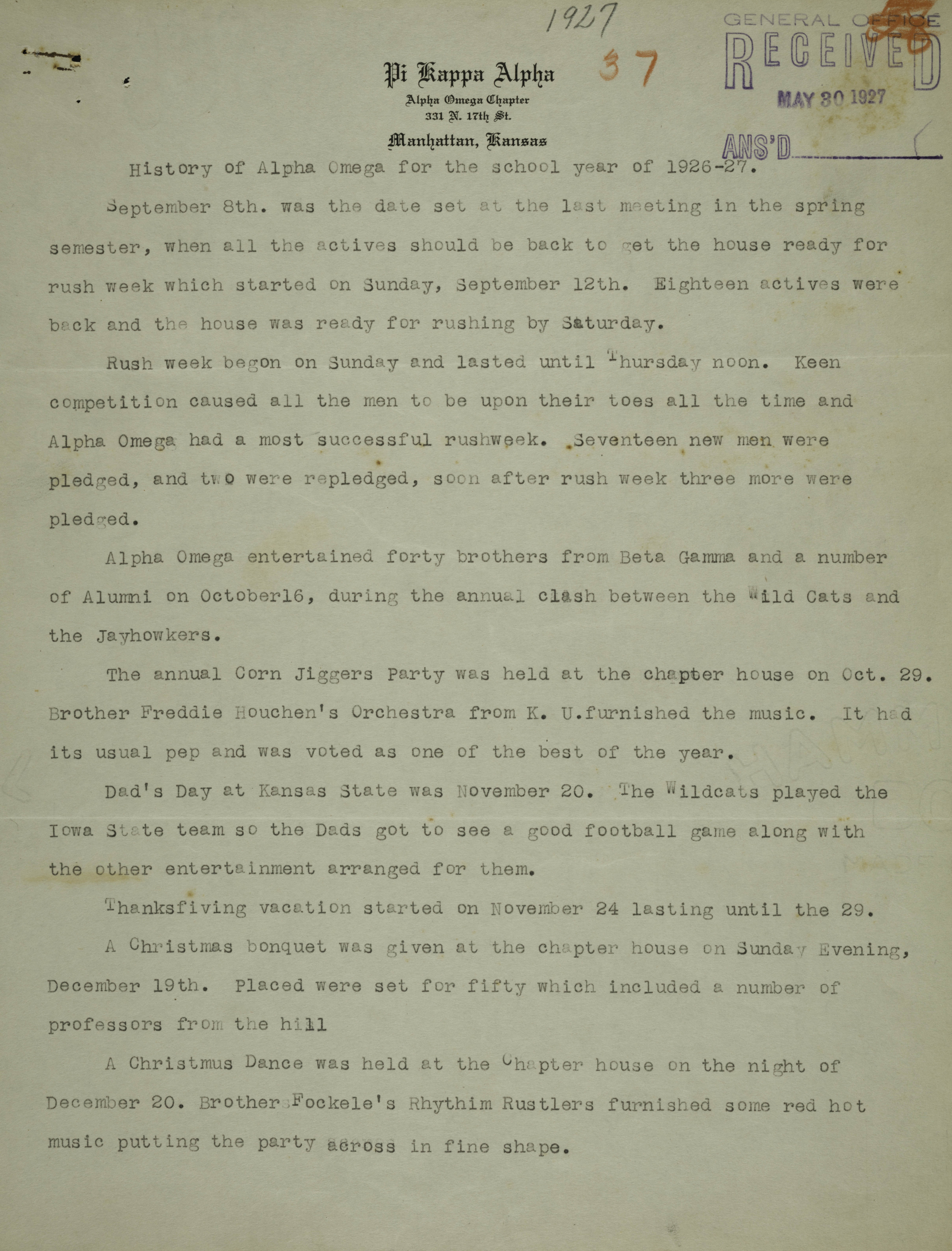 History of Alpha Omega for the School Year of 1926-1927