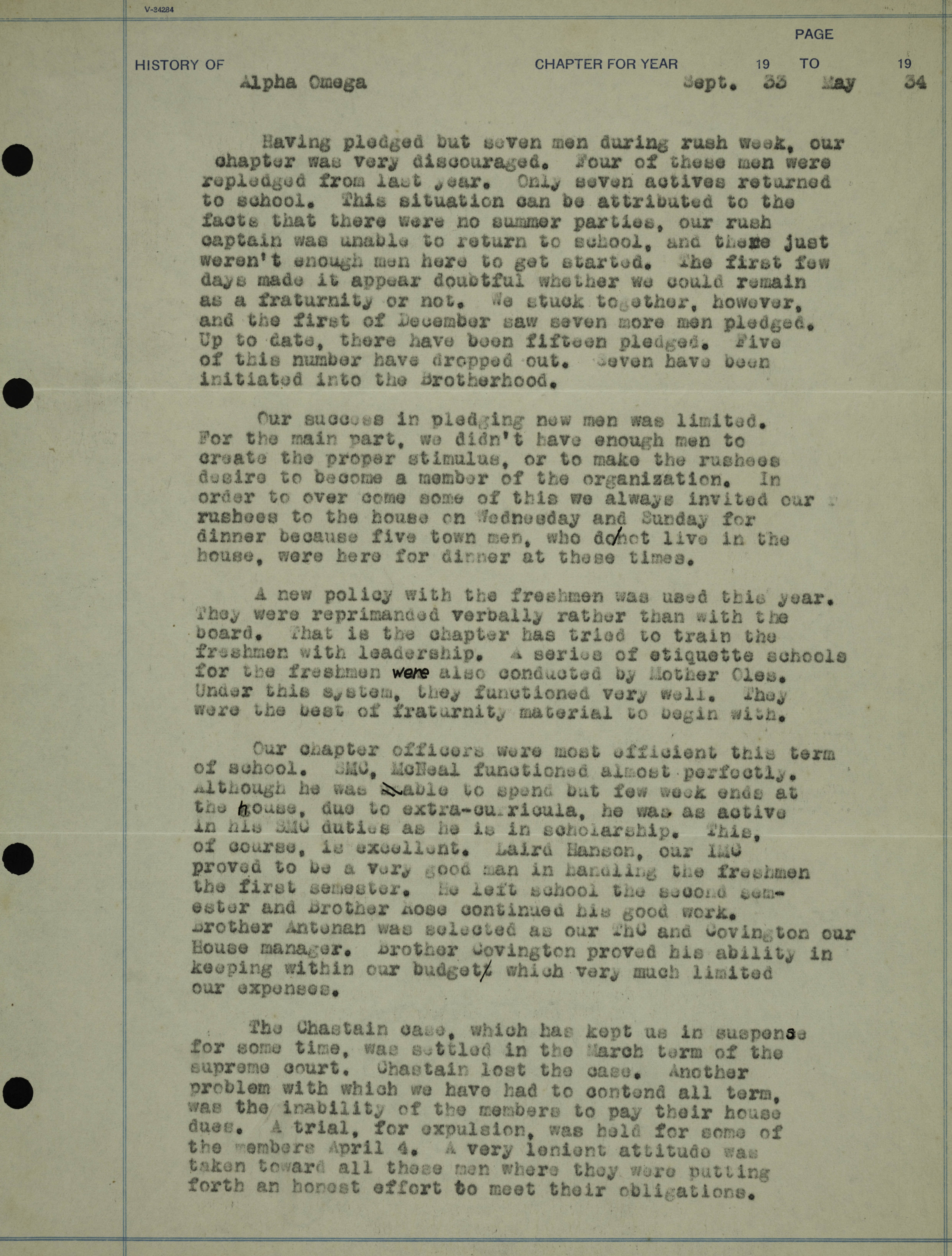 History of Alpha Omega Chapter, September 1933-May 1934